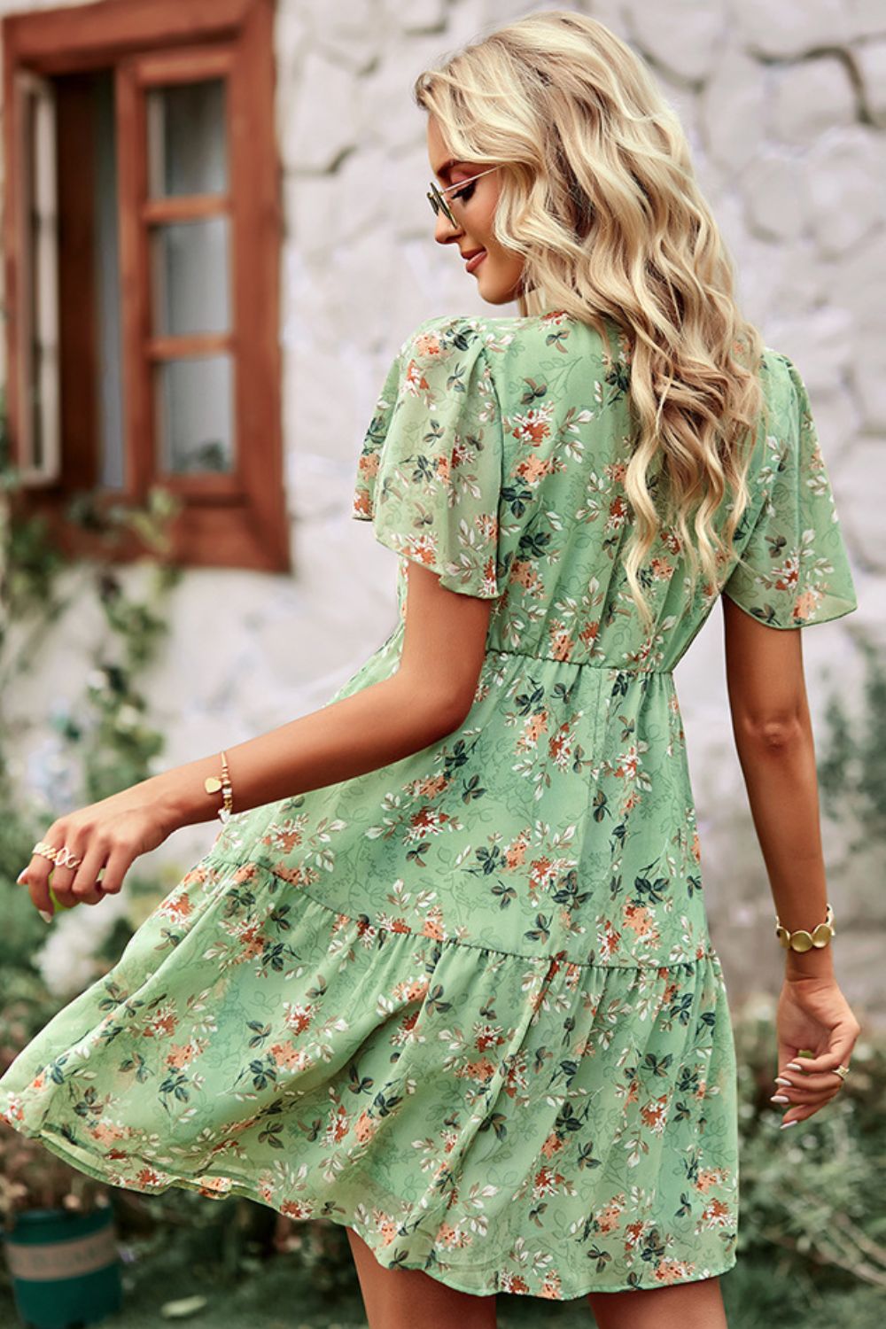 Honeybee Mumford's Floral Notched Flutter Sleeve Mini Dress