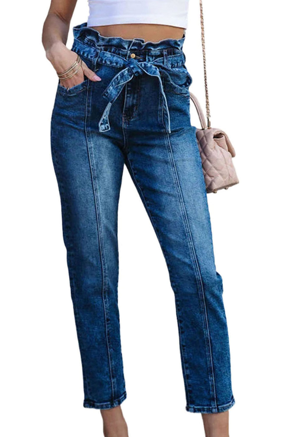 Honeybee Mumford's Blue Seamed Stitching High Waist Knot Skinny Jeans