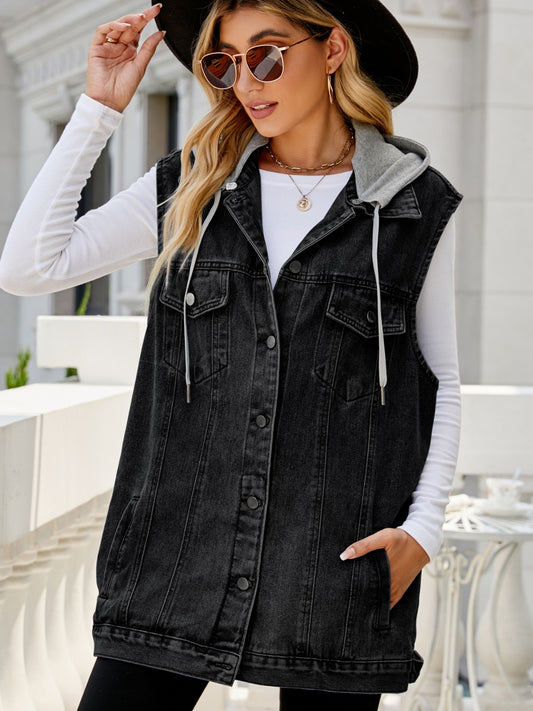 Honeybee Mumford's Drawstring Pocketed Button Up Sleeveless Denim Jacket