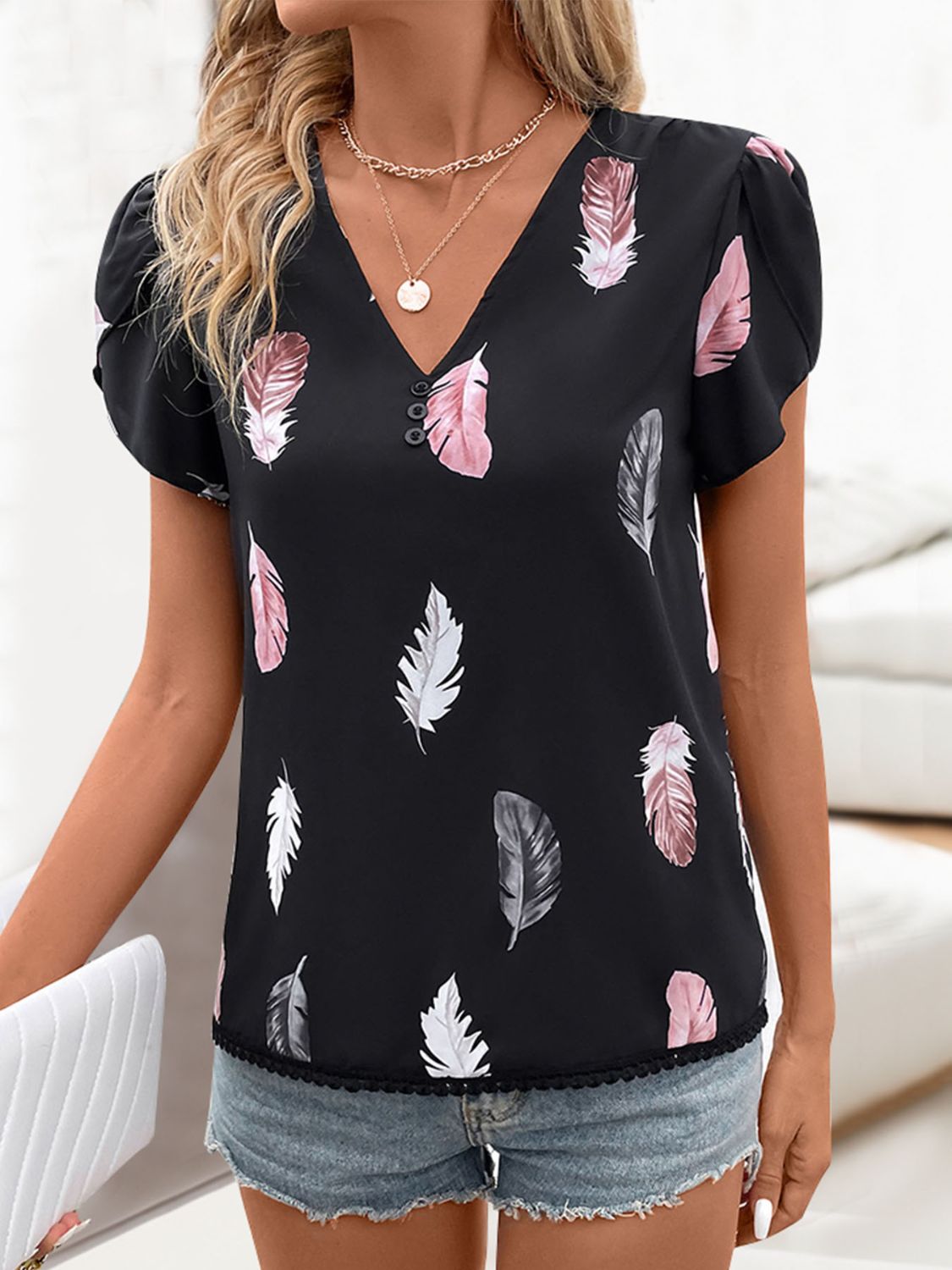 Honeybee Mumford's Printed V-Neck Short Sleeve Blouse