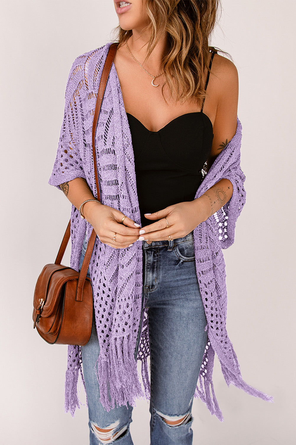 Honeybee Mumford's Openwork Open Front Cardigan with Fringes