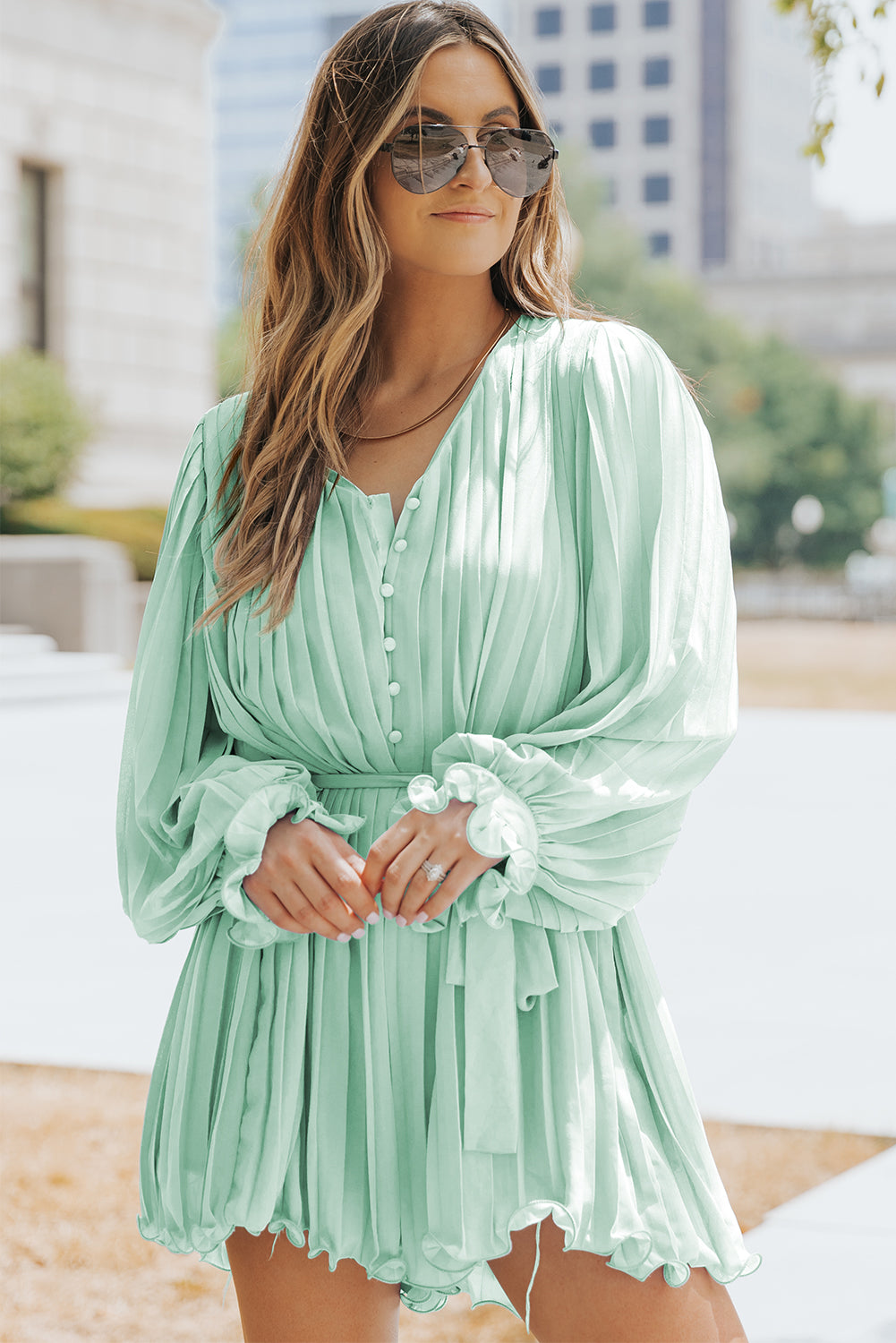 Honeybee Mumford's Green Pleated Ruffled Tie Waist Buttons V Neck Romper