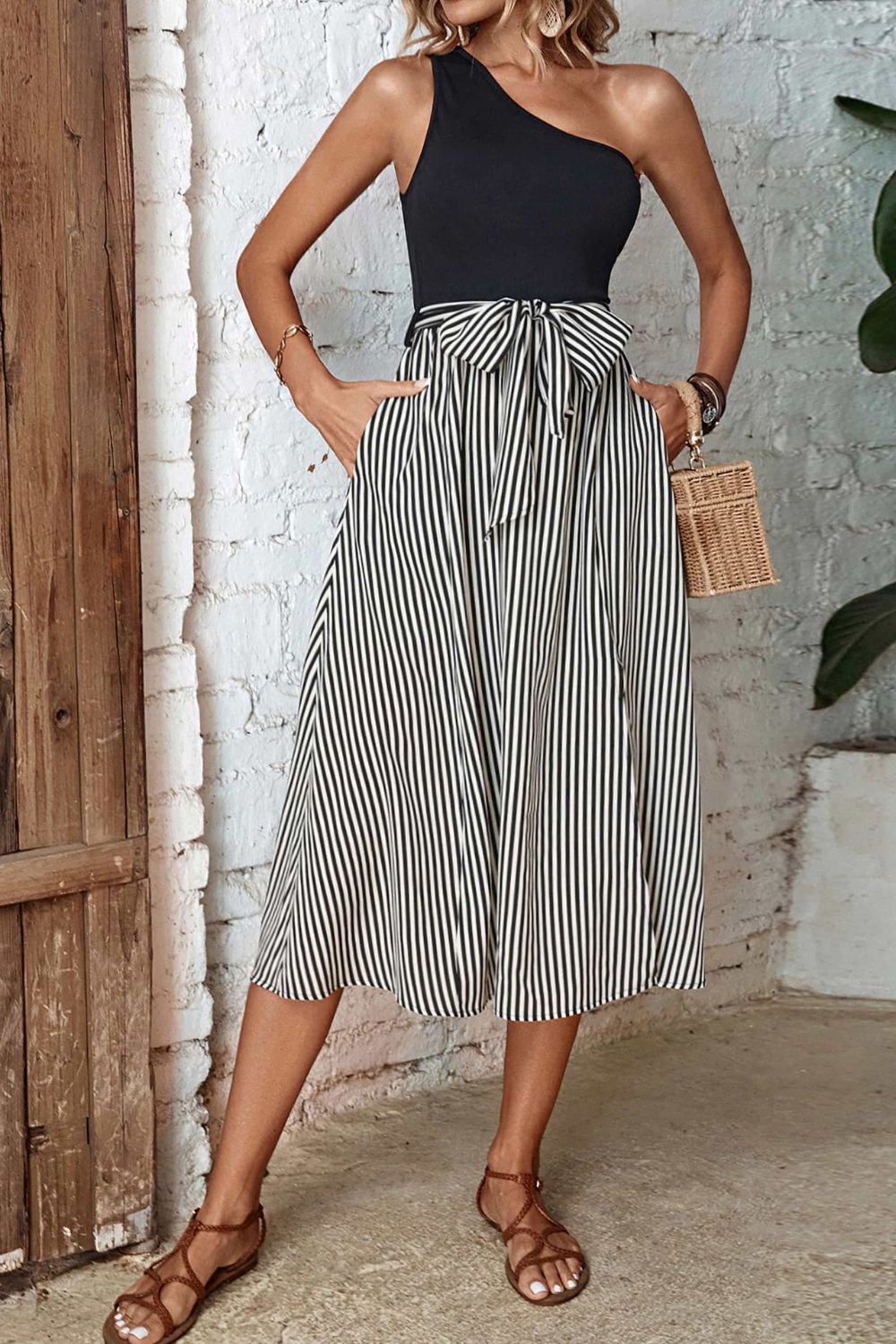 Honeybee Mumford's Striped One-Shoulder Slit Dress