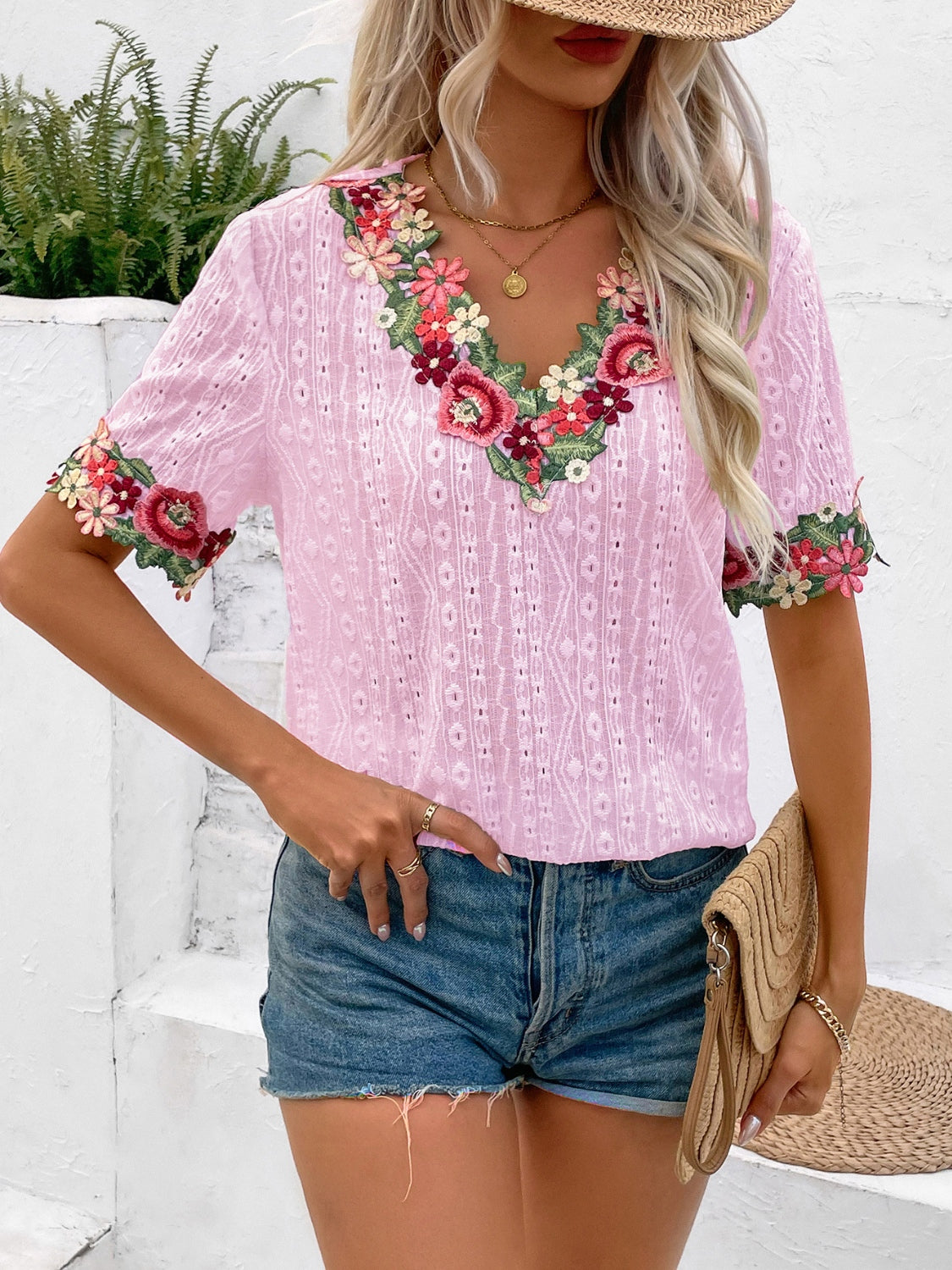 Honeybee Mumford's Eyelet Embroidered V-Neck Short Sleeve Blouse