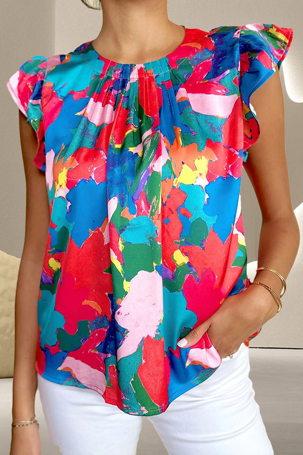 Honeybee Mumford's Ruffled Abstract Print Round Neck Cap Sleeve Blouse