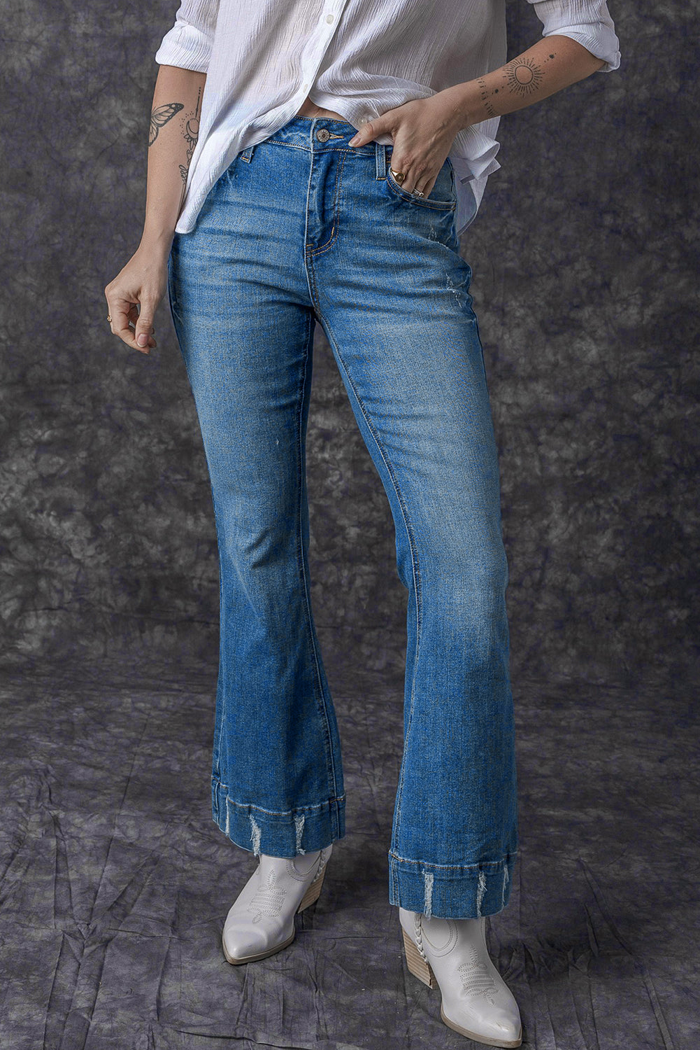 Honeybee Mumford's Sky Blue Slight Distressed Medium Wash Flare Jeans