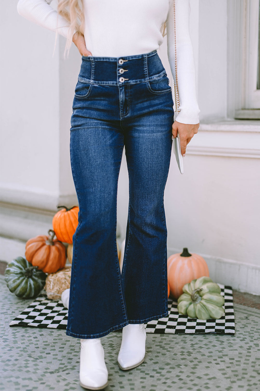 Honeybee Mumford's Blue Buttons Elastic Wide Waistband Back Flare Jeans