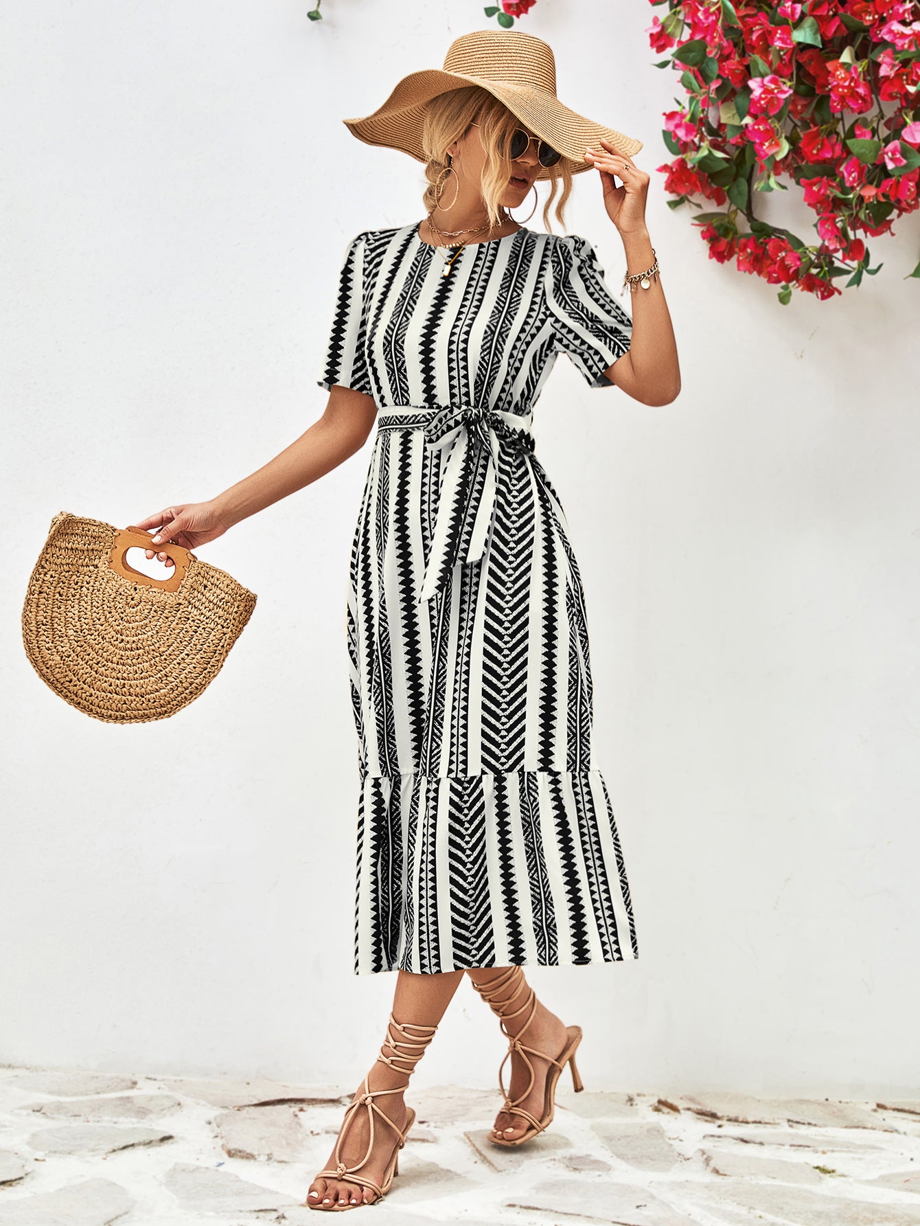 Honeybee Mumford's Striped Tie Belt Round Neck Puff Sleeve Dress