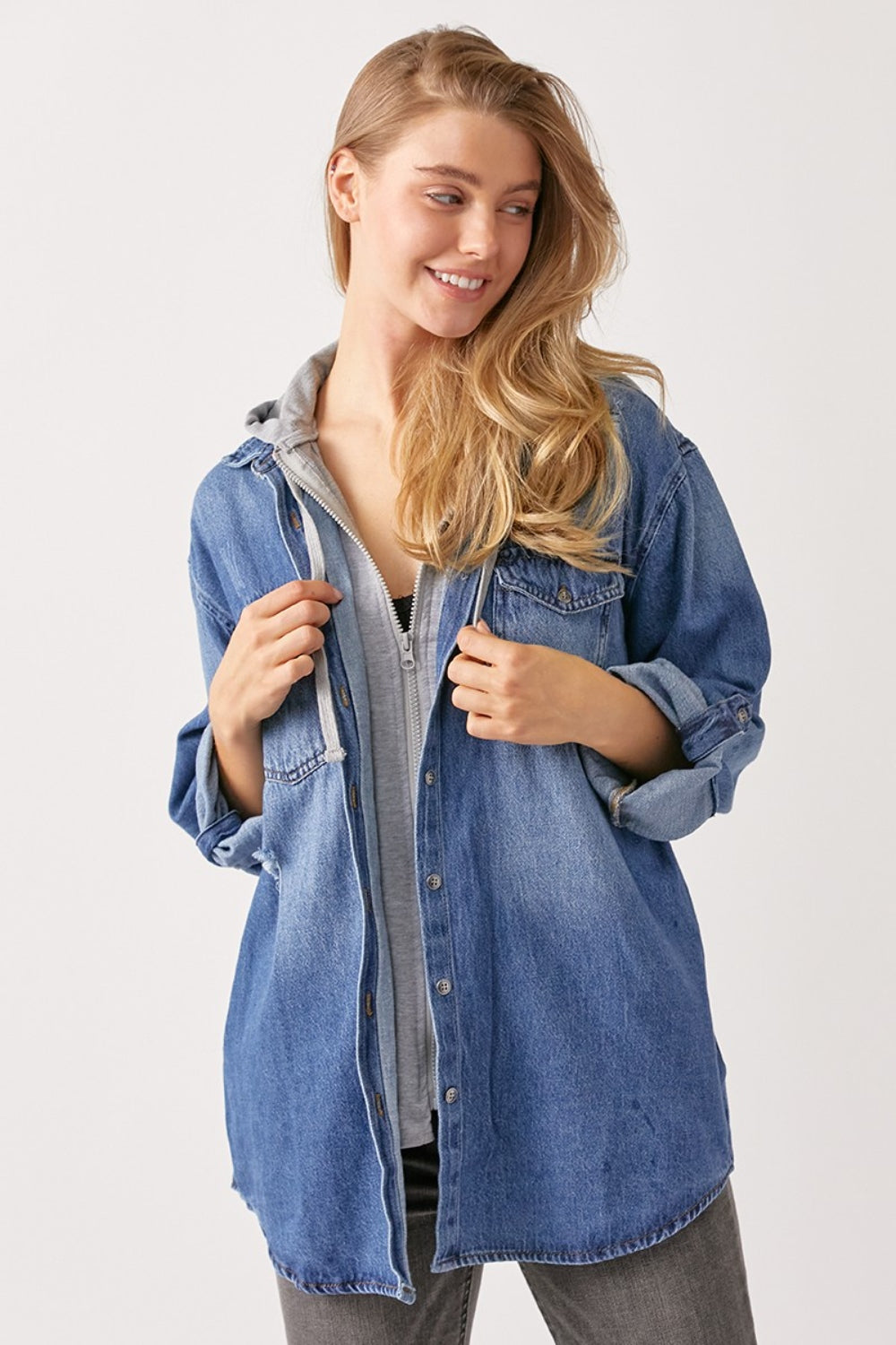 Honeybee Mumford's Zip Up Hooded Denim Shirt