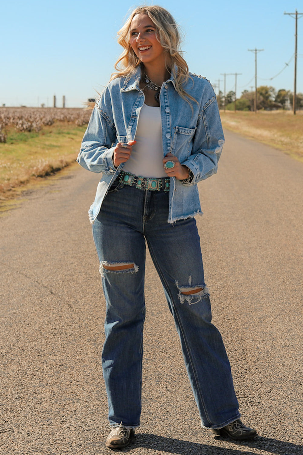 Honeybee Mumford's Sky Blue Studded Acid Wash Denim Jacket