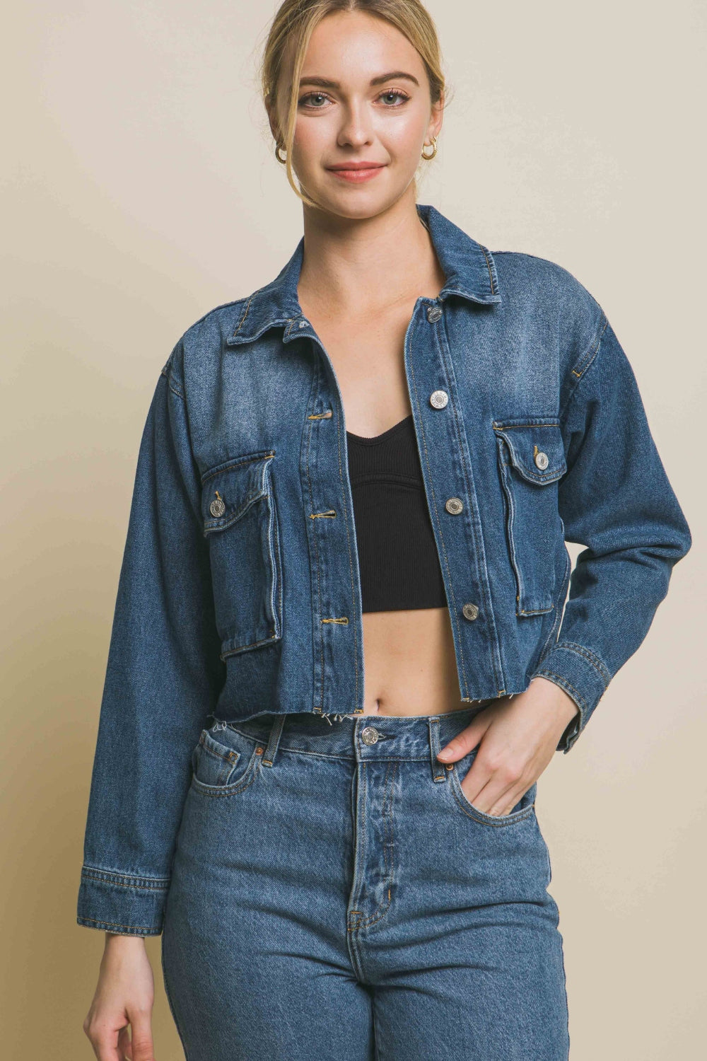 Honeybee Mumford's Love Tree Raw Hem Button Up Cropped Denim Jacket