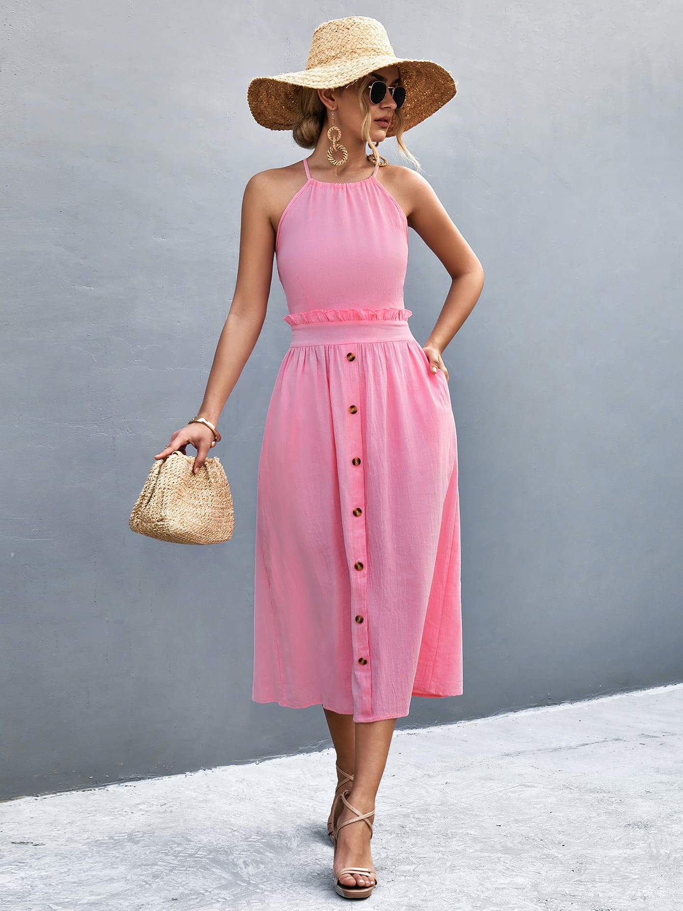 Honeybee Mumford's Buttoned Halter Neck Frill Trim Midi Dress