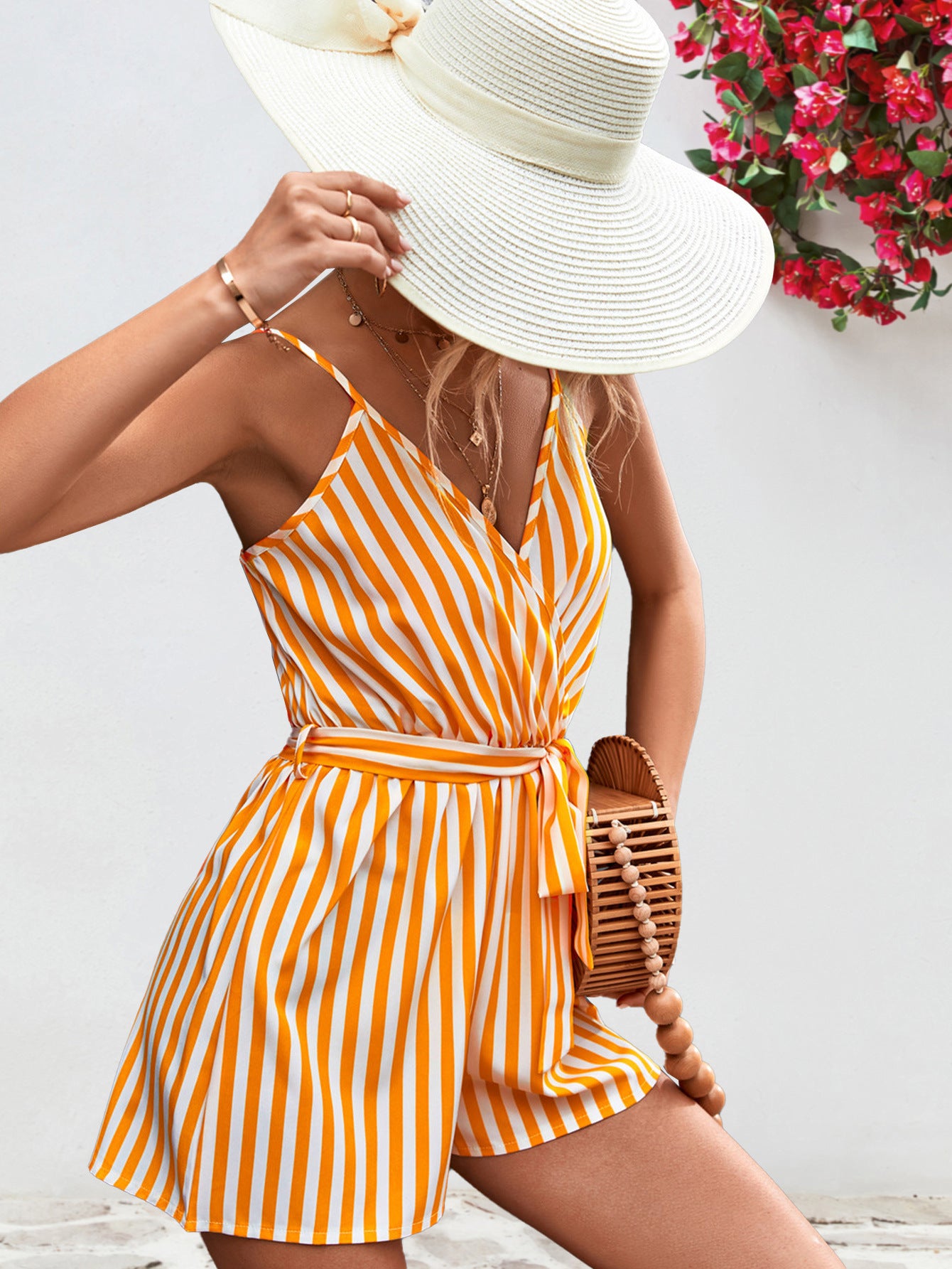 Honeybee Mumford's Striped Tie Waist Spaghetti Strap Romper