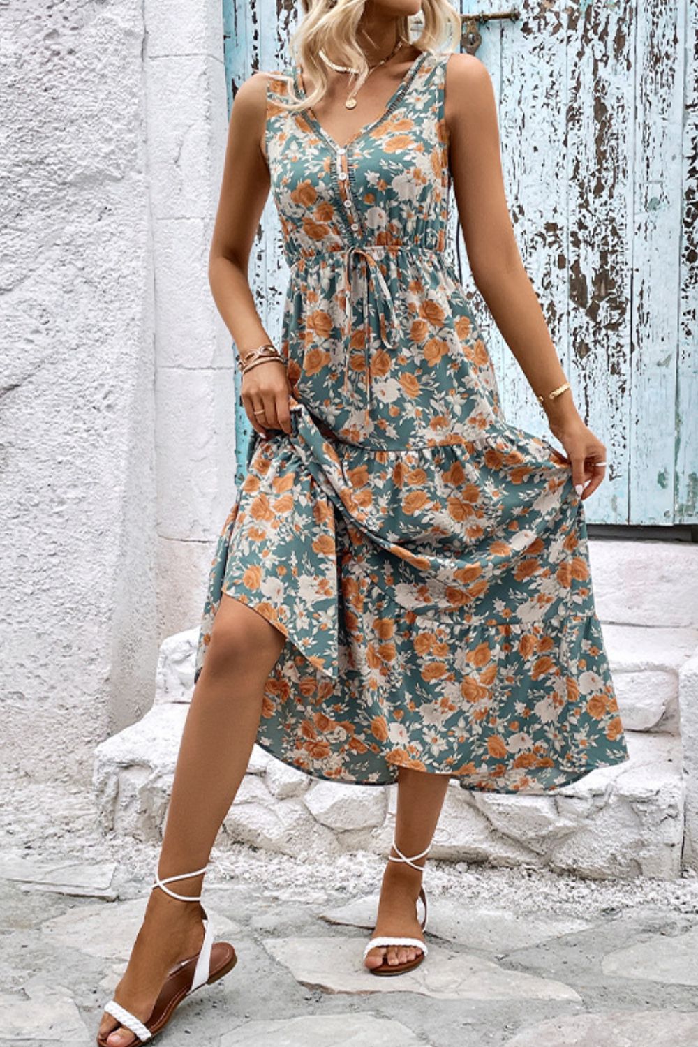 Honeybee Mumford's Floral V-Neck Tiered Sleeveless Dress