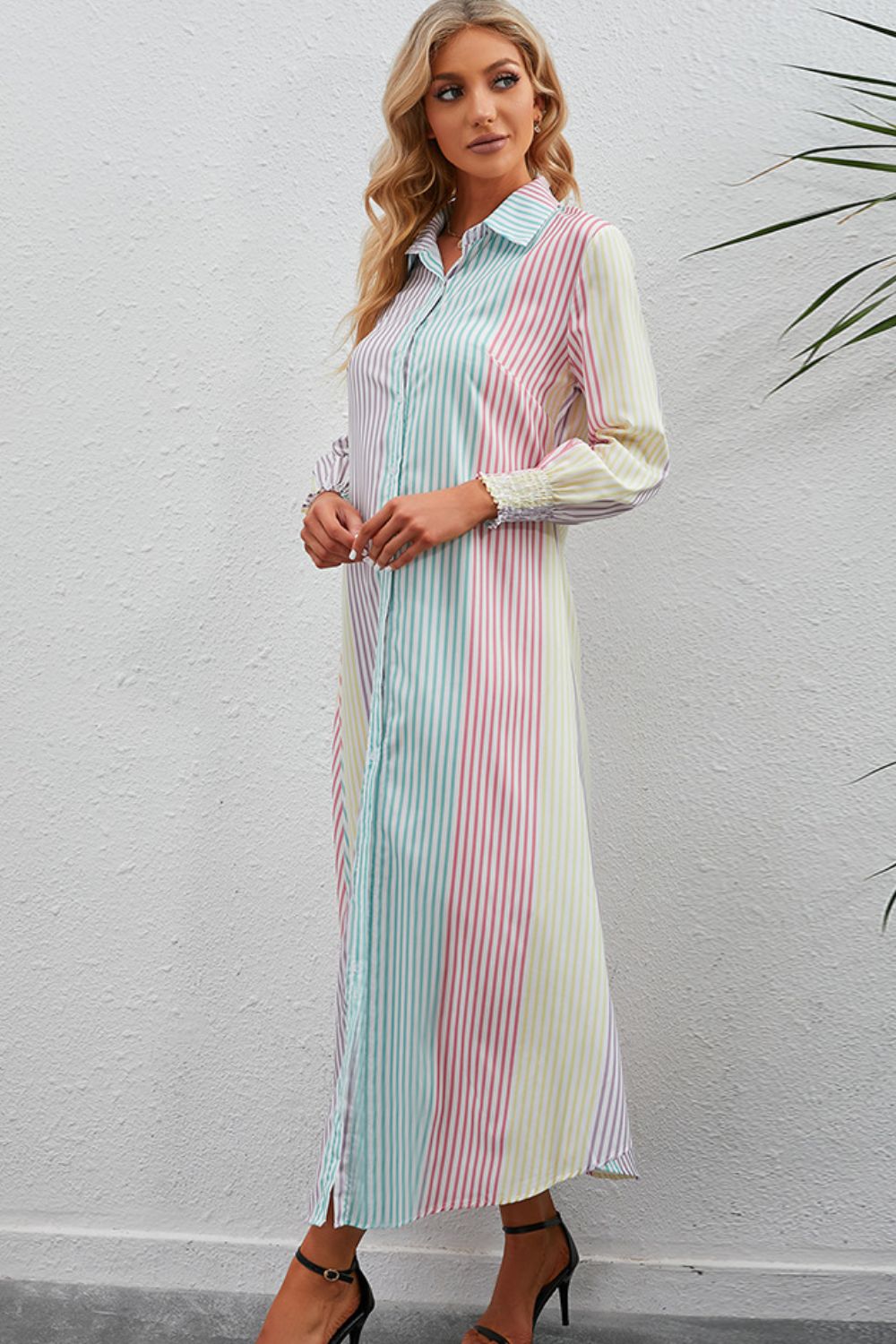 Honeybee Mumford's Rainbow Stripe Button-Up Maxi Shirt Dress