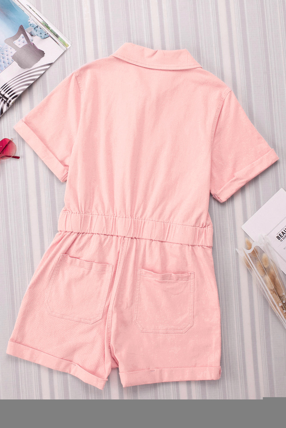 Honeybee Mumford's Pink Pocketed Button Down Denim Romper