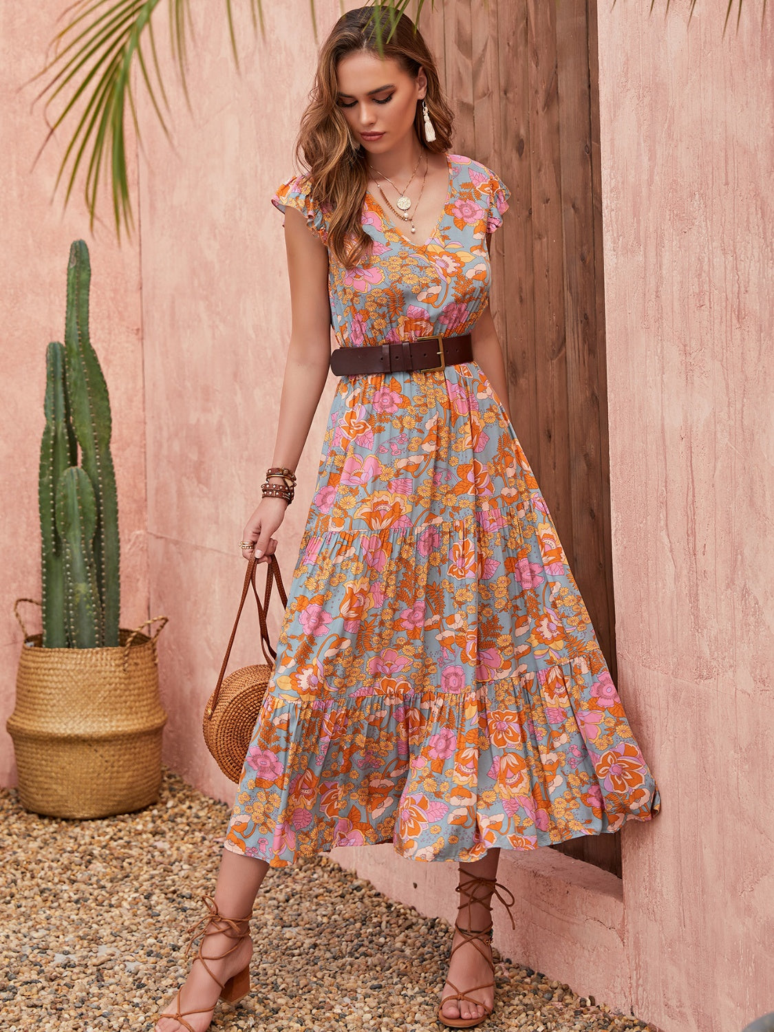 Honeybee Mumford's Ruffled Printed V-Neck Cap Sleeve Tiered Dress