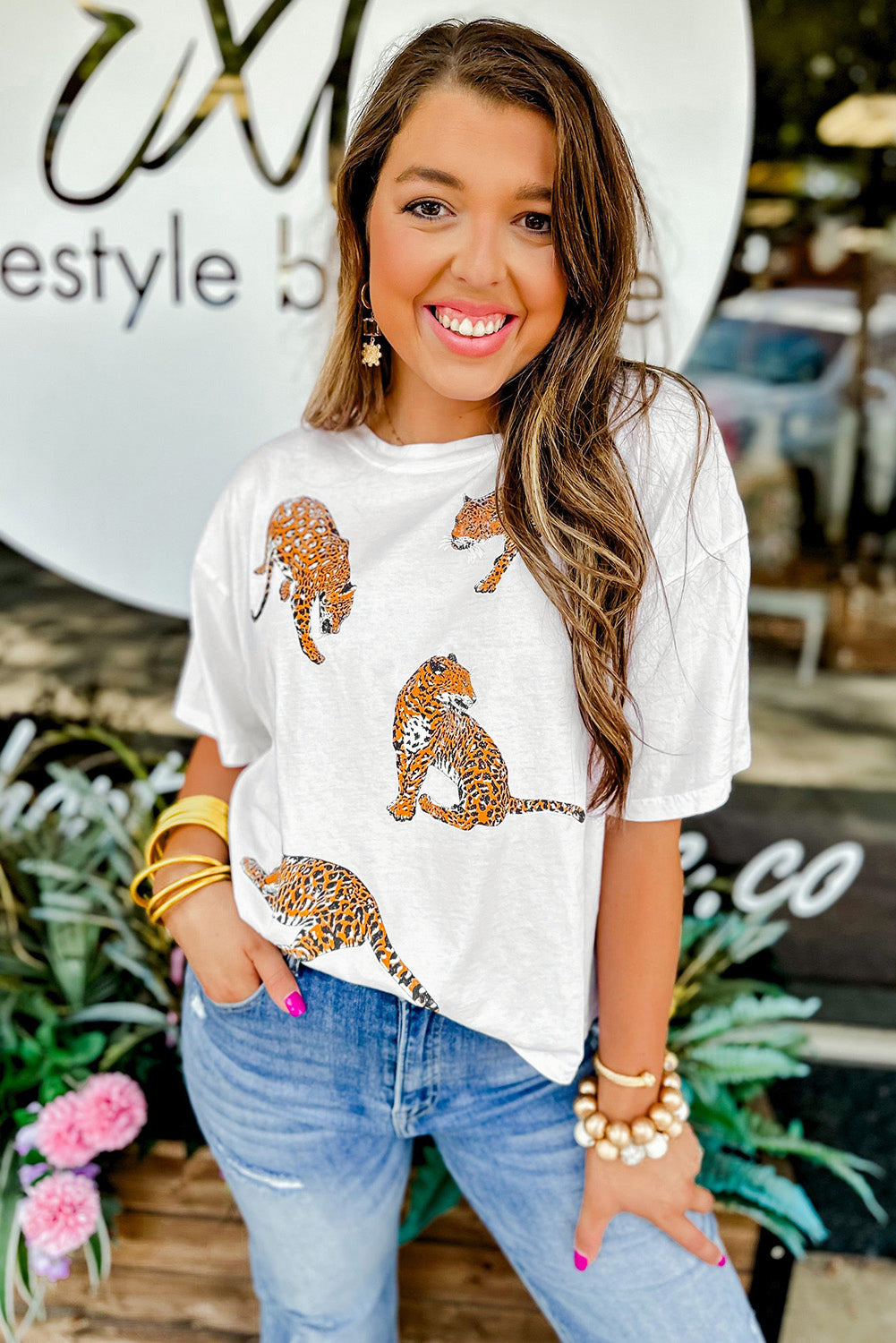 Honeybee Mumford's White Leopard Print Drop Shoulder Casual T Shirt