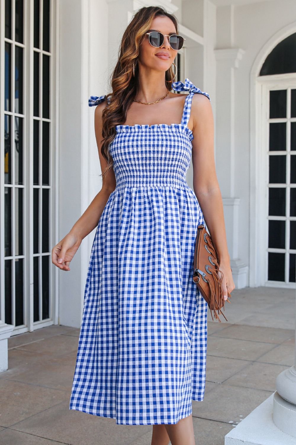 Honeybee Mumford's Plaid Frill Trim Tie Shoulder Dress