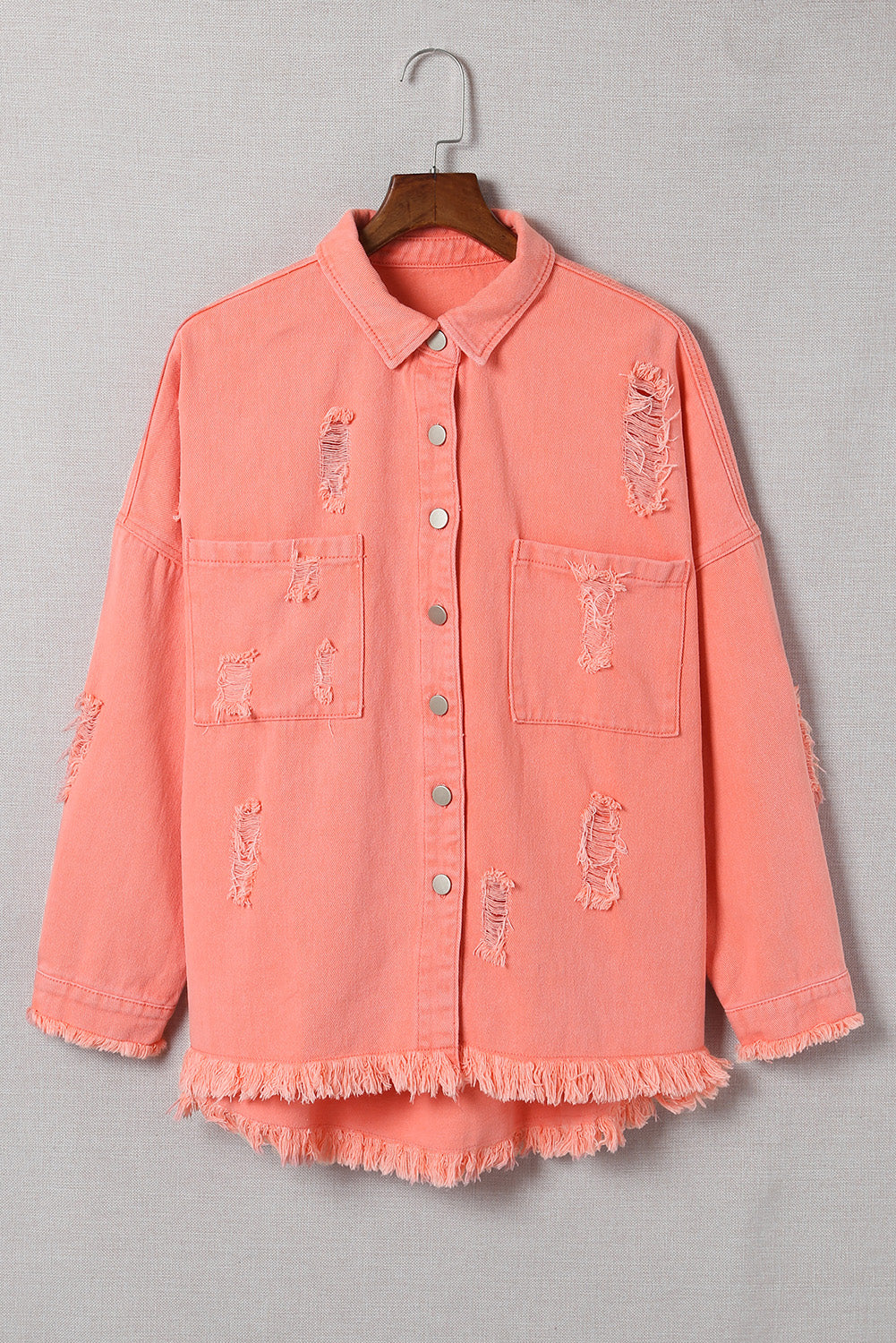 Honeybee Mumford's Orange Distressed Fringe Trim Denim Jacket