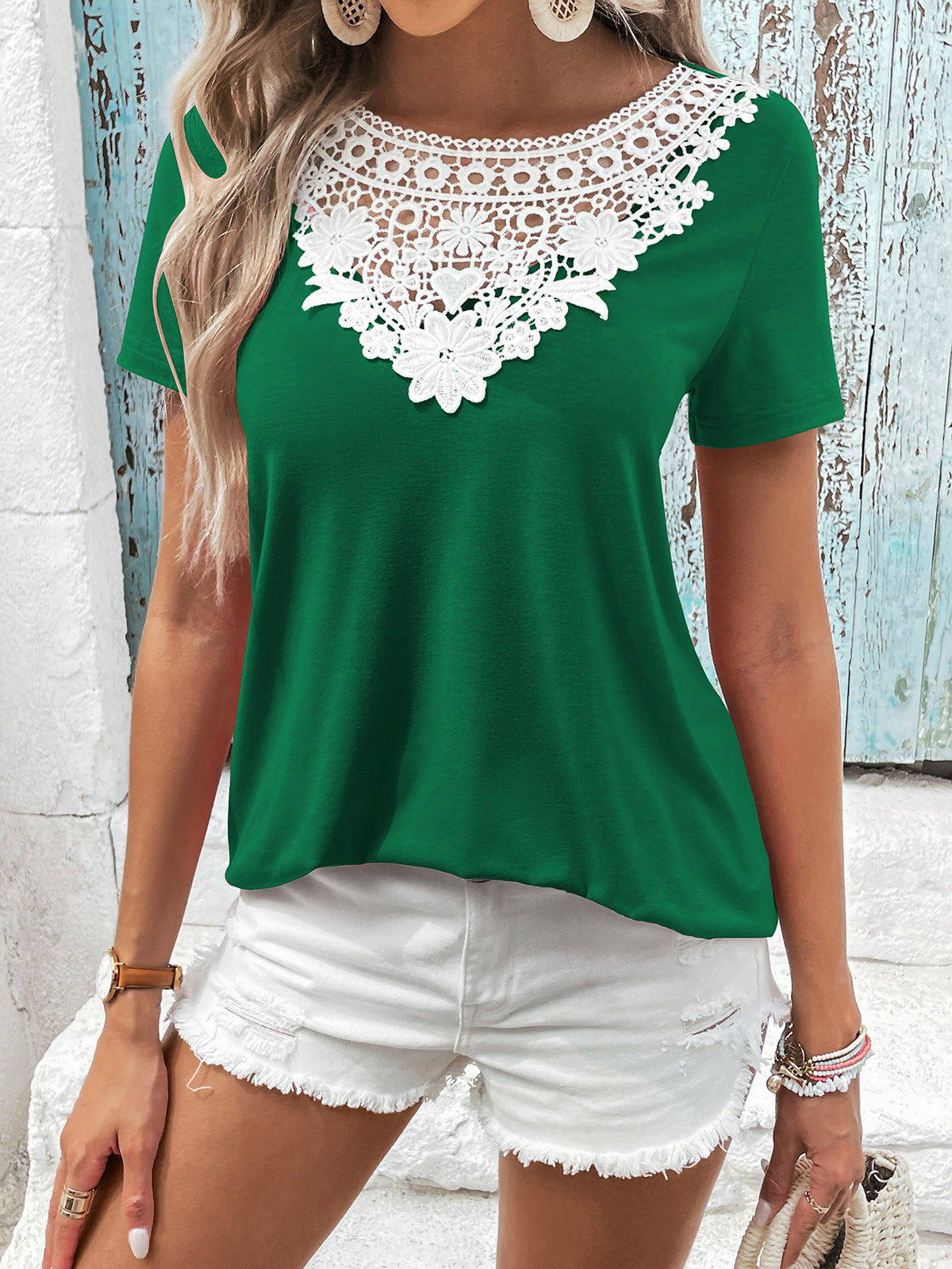 Honeybee Mumford's Spliced Lace Contrast Short Sleeve Top