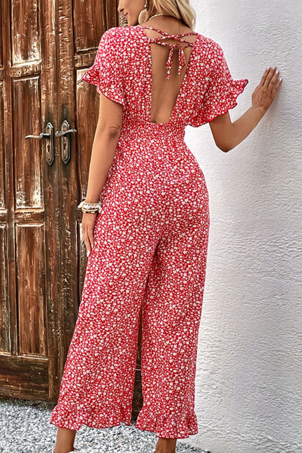 Honeybee Mumford's Printed Tie Back Ruffled Jumpsuit