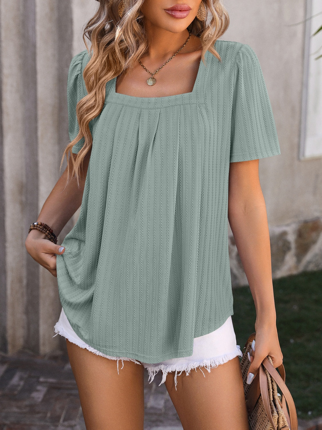 Honeybee Mumford's Ruched Square Neck Short Sleeve Blouse