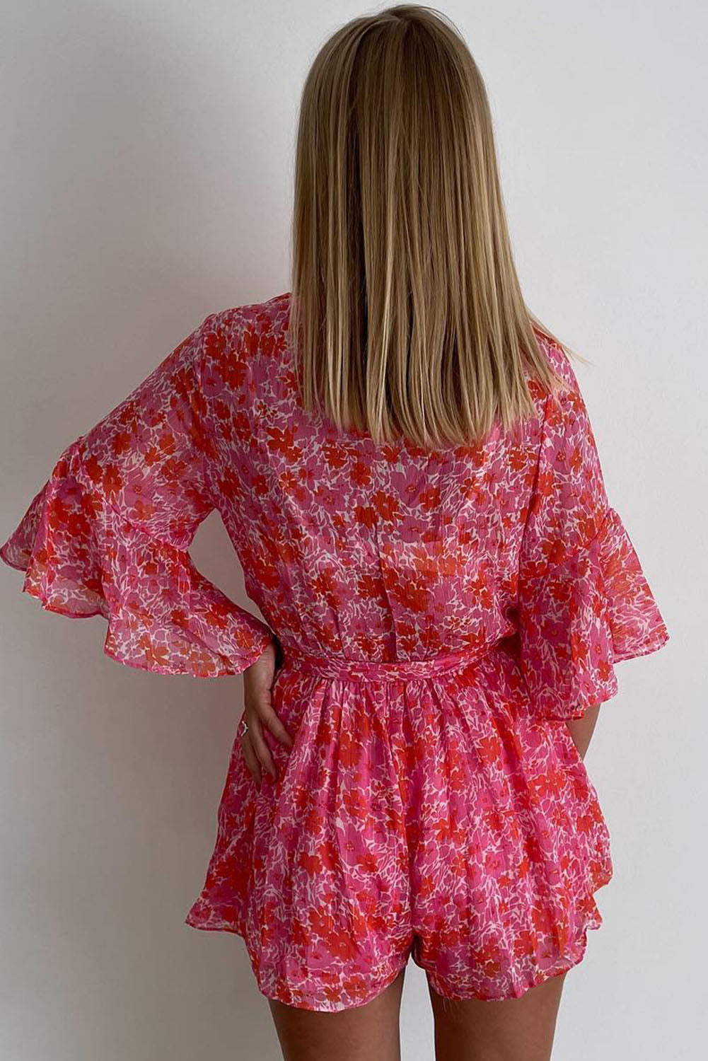 Honeybee Mumford's Pink V Neck Ruffled Sleeve Floral Romper