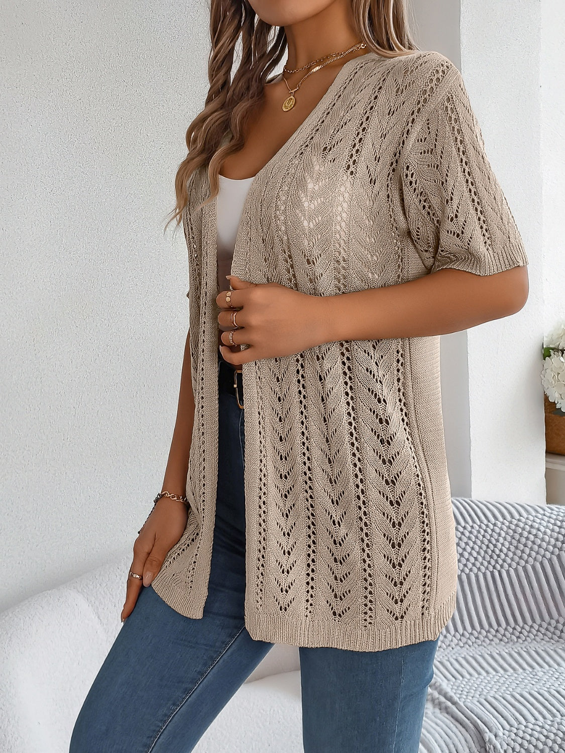 Honeybee Mumford's Openwork Open Front Half Sleeve Cardigan