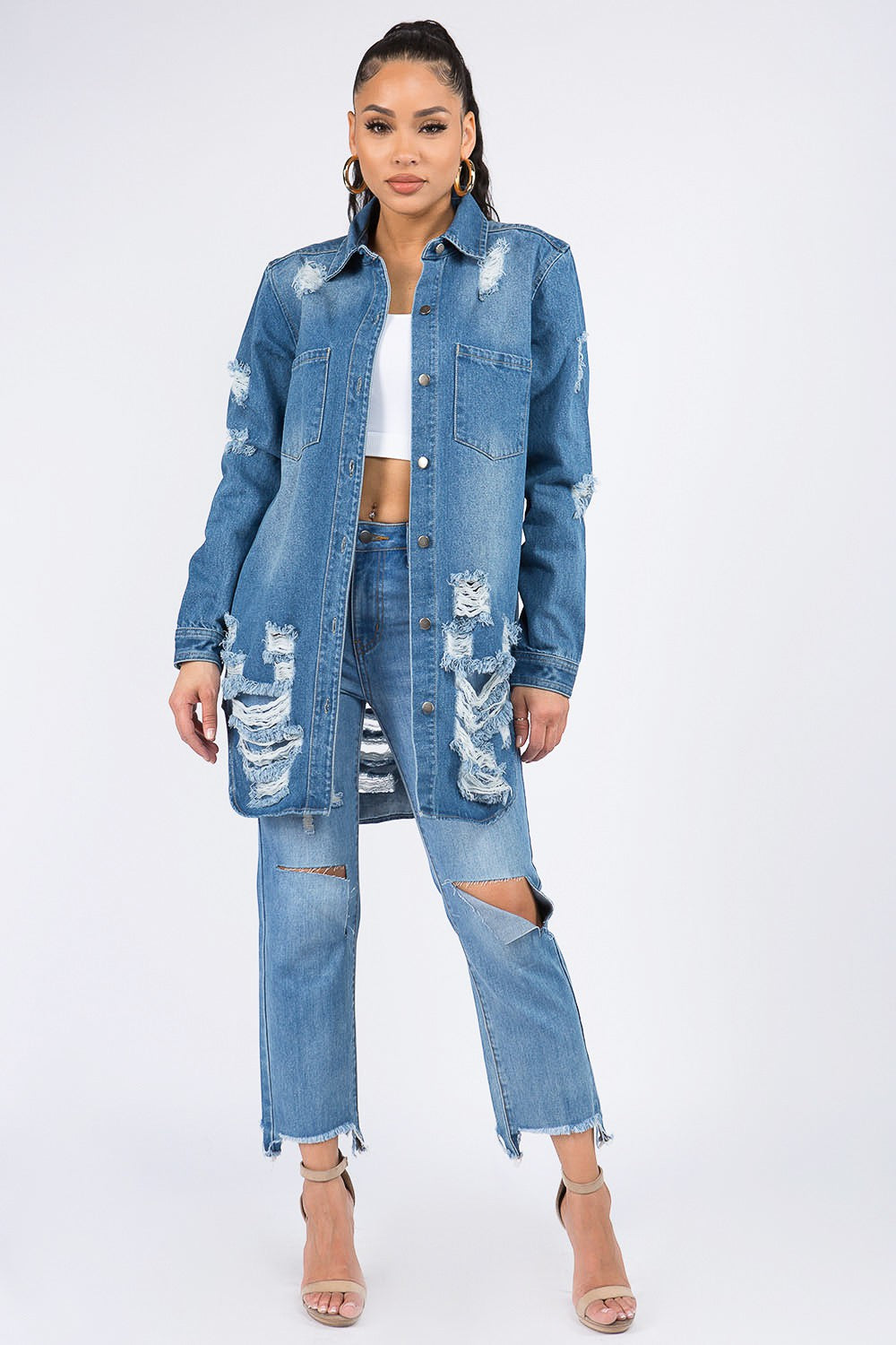 Honeybee Mumford's Distressed Button-Down Denim Shirt Jacket