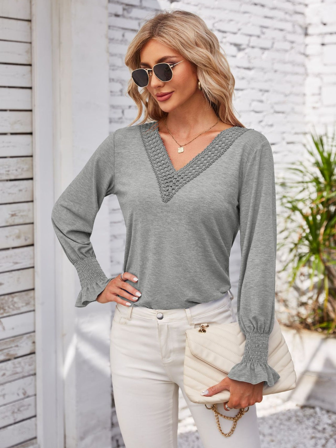 Honeybee Mumford's Smocked V-Neck Long Sleeve Blouse