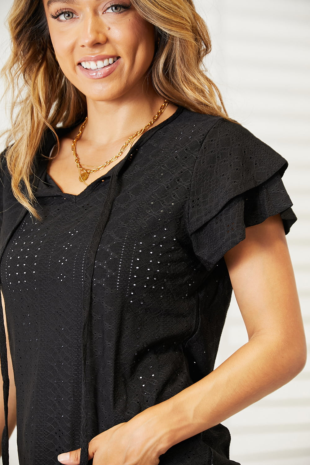 Honeybee Mumford's Eyelet Tie-Neck Flutter Sleeve Blouse