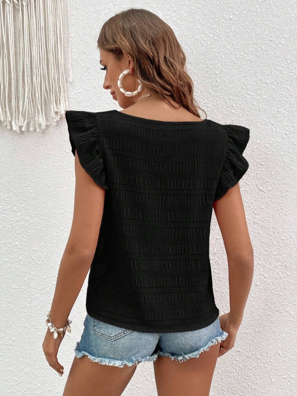 Honeybee Mumford's Ruffled Square Neck Cap Sleeve Blouse