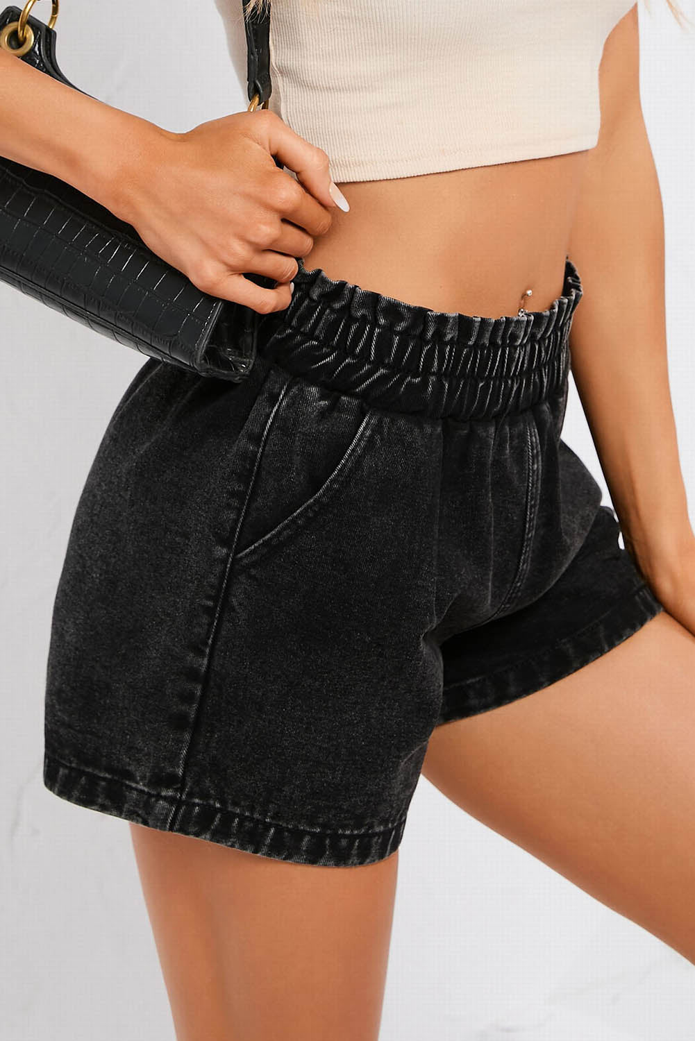 Honeybee Mumford's Black Retro Bleach-washed Ruffled Elastic High Waist Denim Shorts