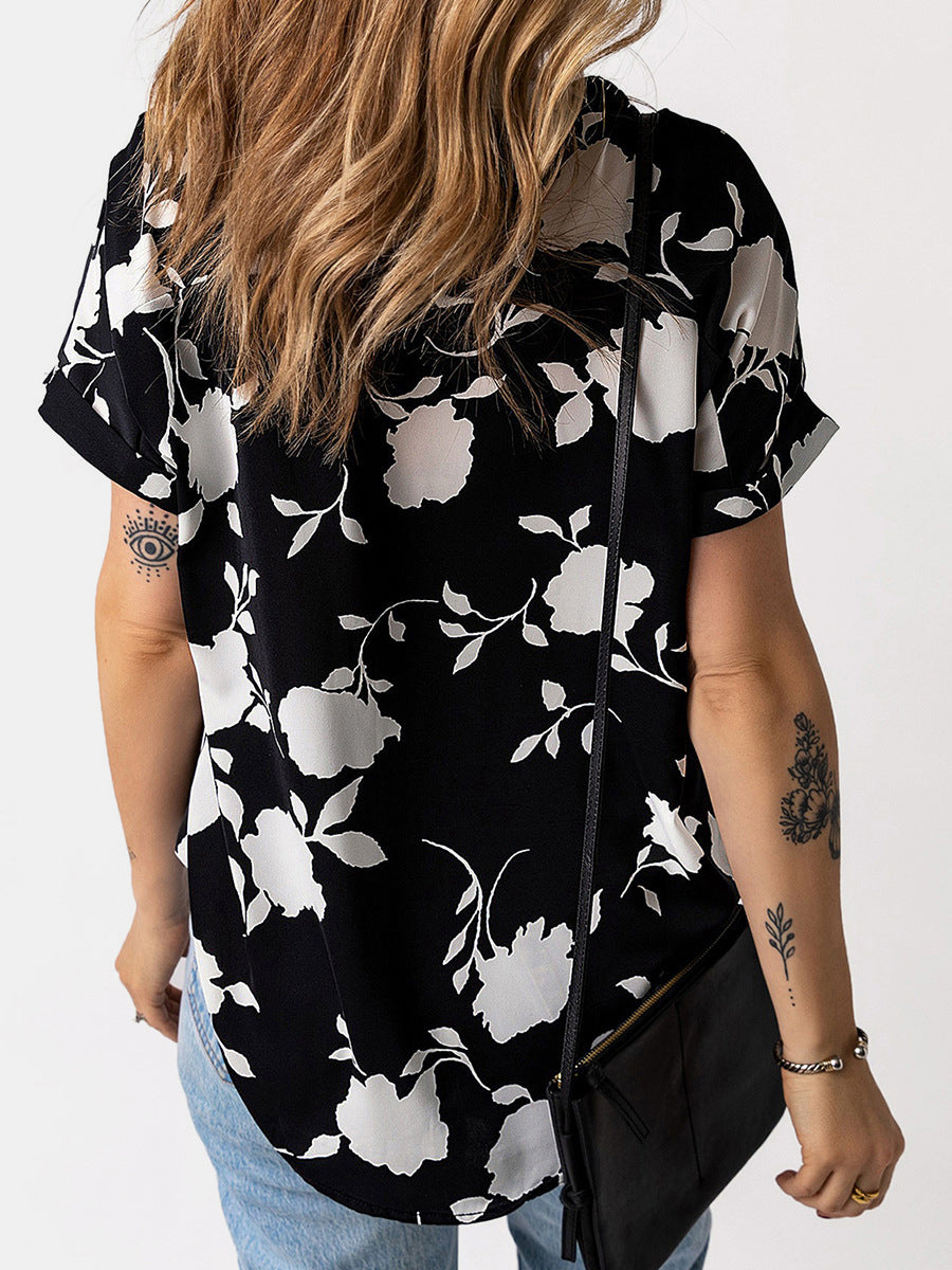 Honeybee Mumford's Printed Notched Short Sleeve Blouse