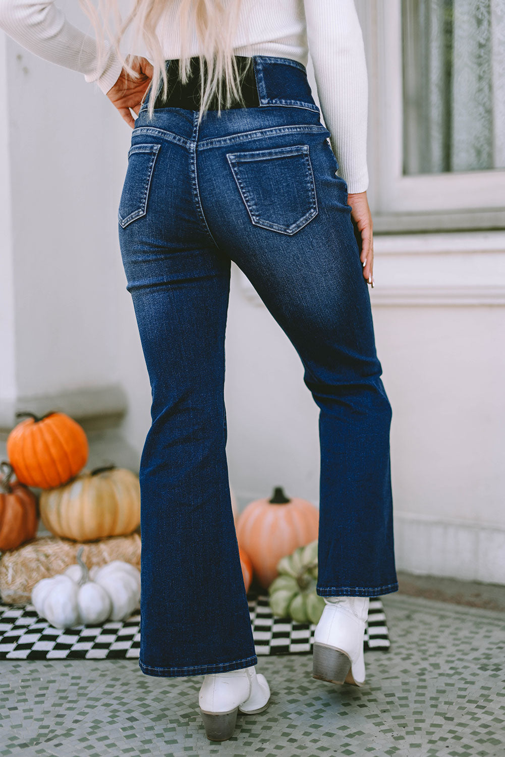 Honeybee Mumford's Blue Buttons Elastic Wide Waistband Back Flare Jeans