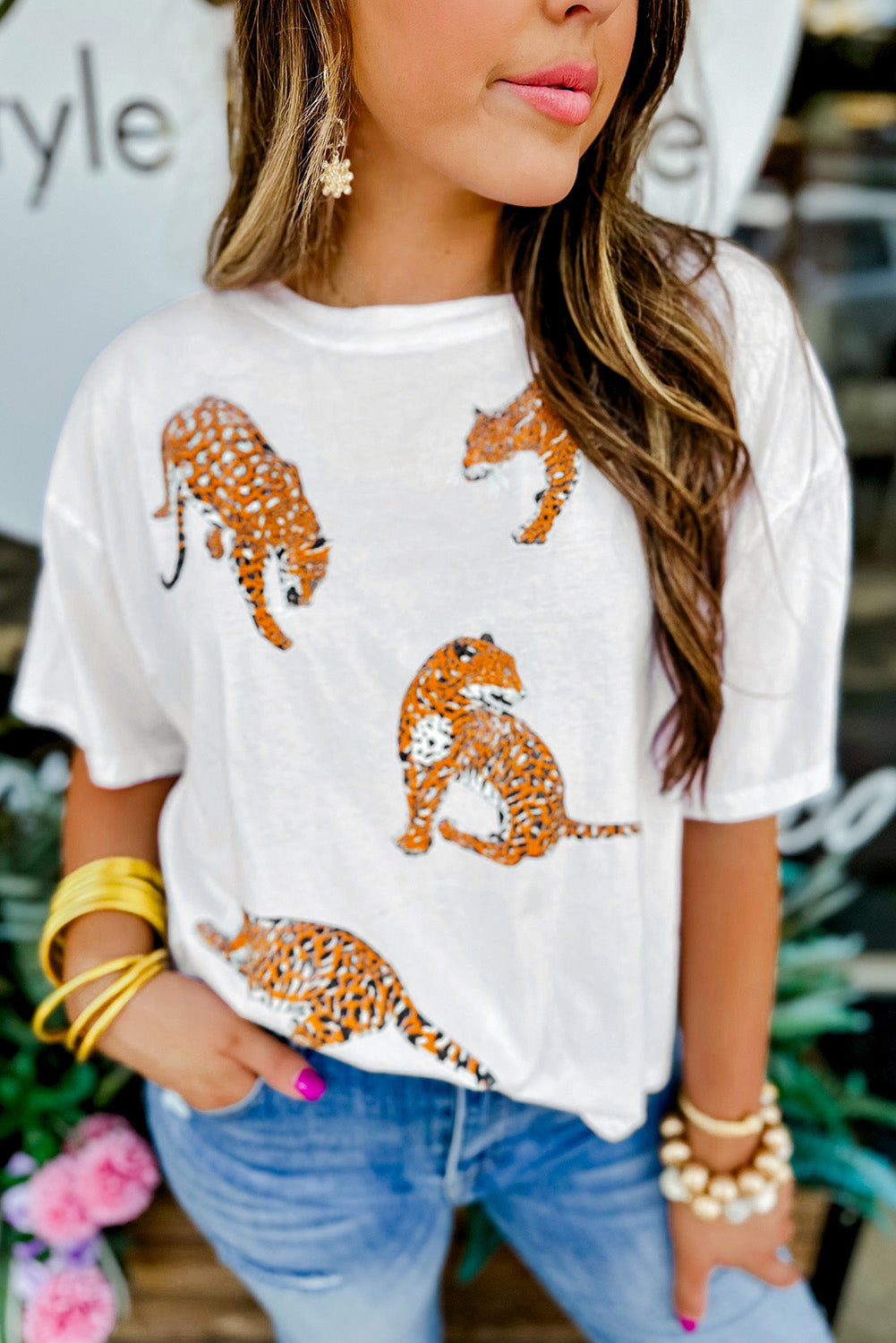 Honeybee Mumford's White Leopard Print Drop Shoulder Casual T Shirt