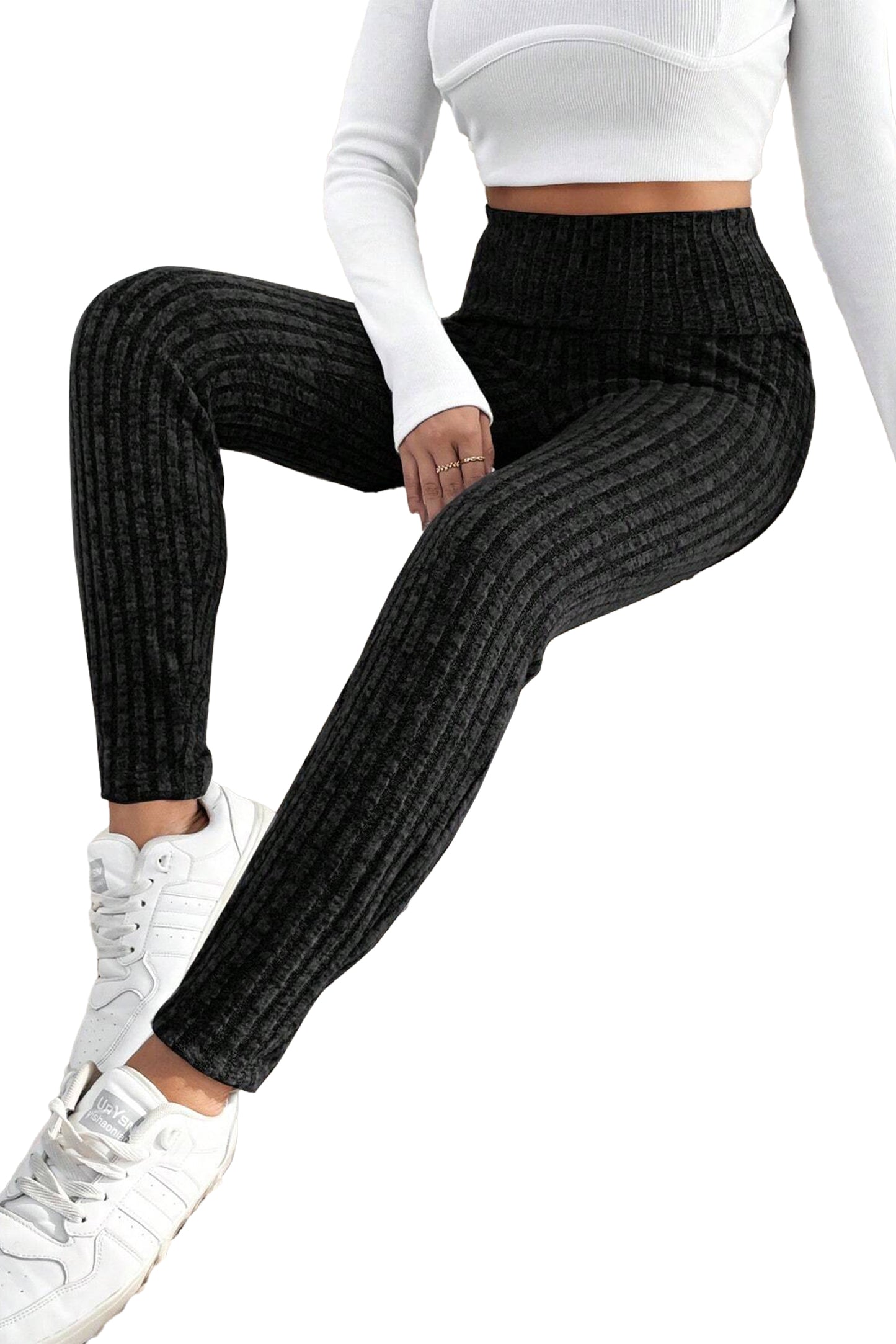 honeybee Mumford's Black Wide Waistband Ribbed Textured Knit Leggings