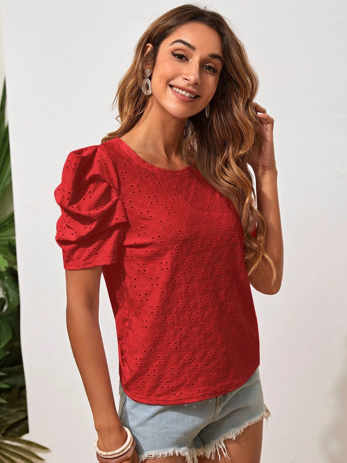 Honeybee Mumford's Eyelet Round Neck Puff Sleeve Blouse