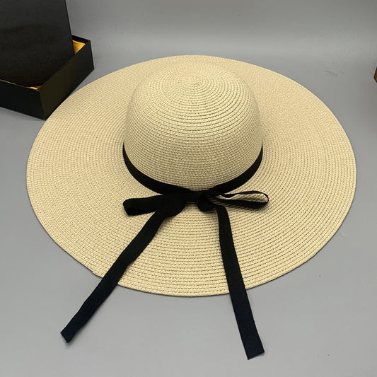 Honeybee Mumford's Paper Braided Wide Brim Hat w/ black Bow in Ivory, Navy, Black, Tan