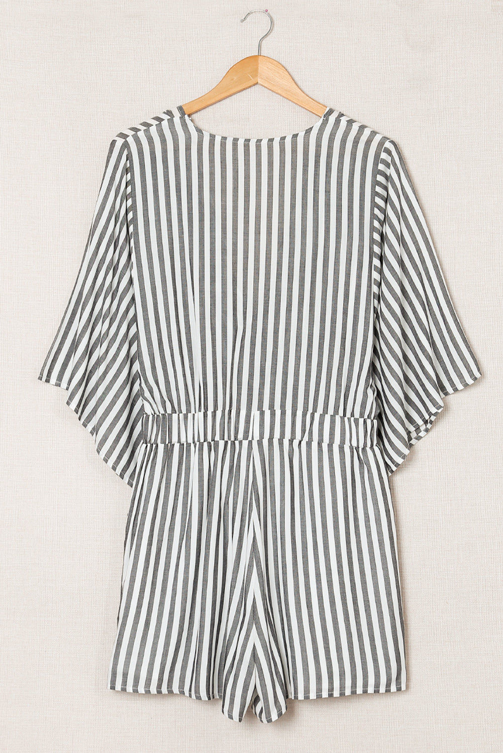 Honeybee Mumford's Gray 3/4 Wide Kimono Sleeves Tie Front Striped Romper with Pockets