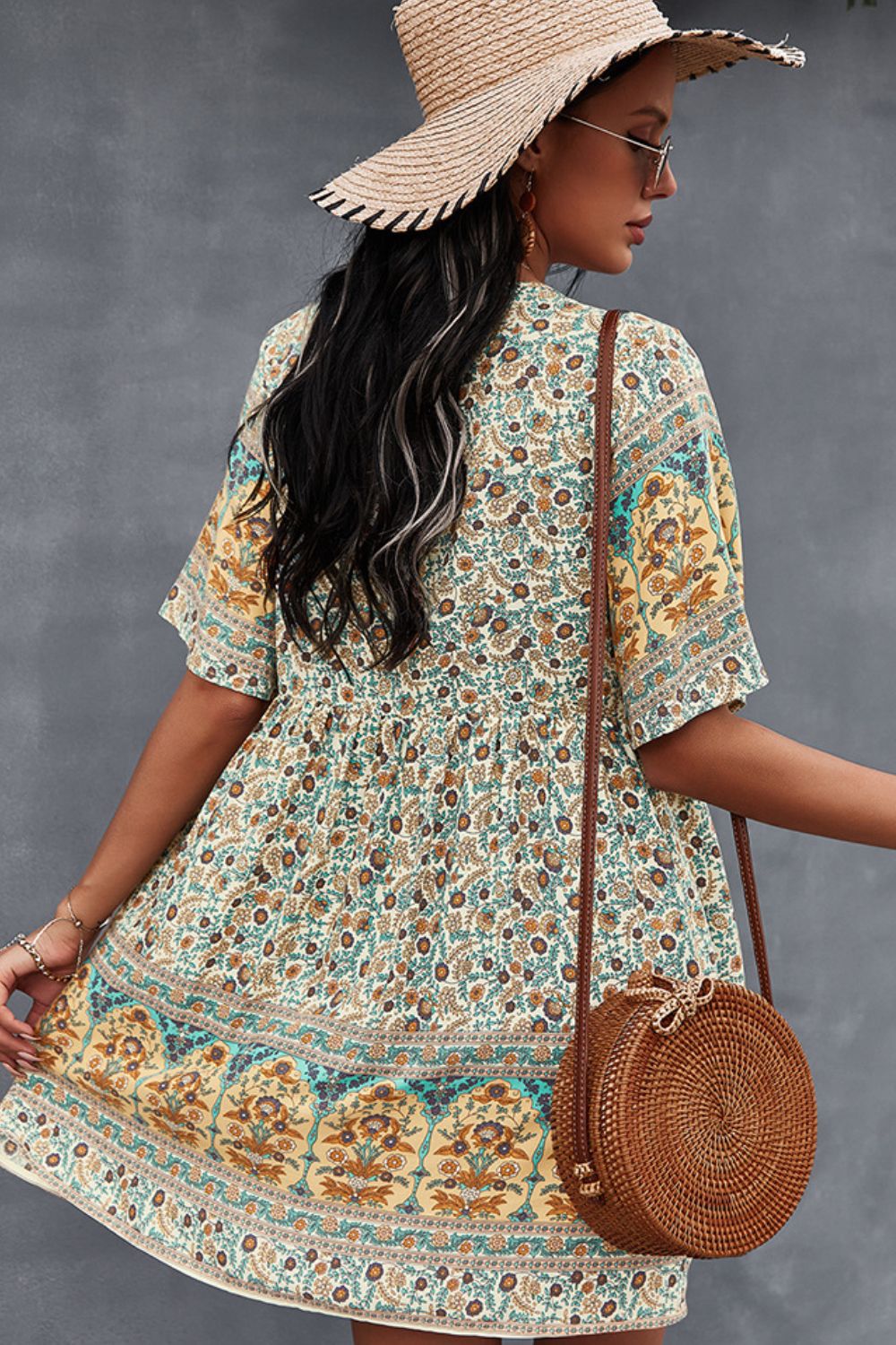 Honeybee Mumford's Bohemian Floral V-Neck Half Sleeve Dress