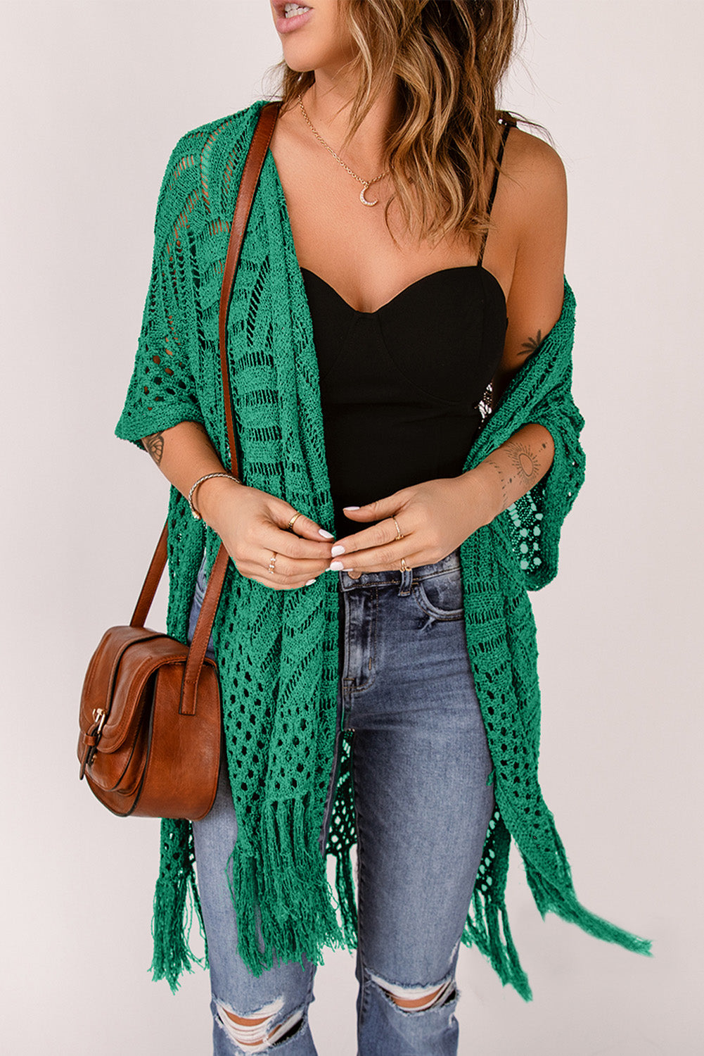 Honeybee Mumford's Openwork Open Front Cardigan with Fringes