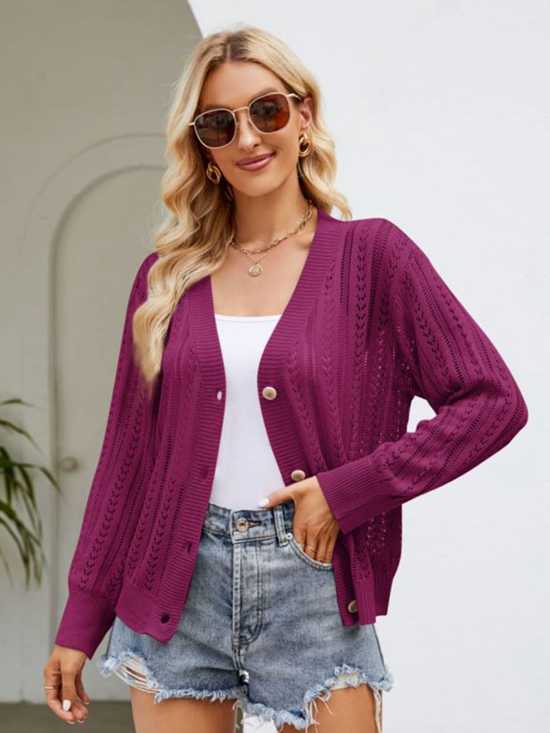 honeybee Mumford's Button Down Cardigan w/ Ribbed Trim in Deep Purple, Khaki and Army Green