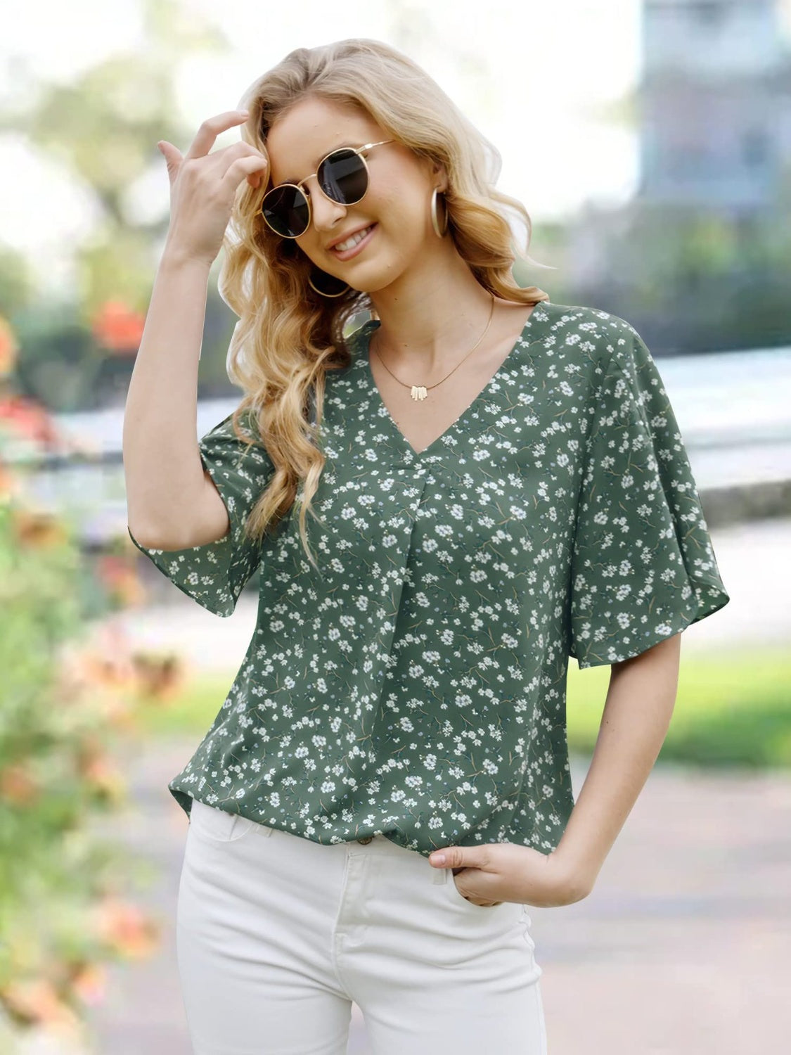 Honeybee Mumford's Printed V-Neck Slit Half Sleeve Blouse