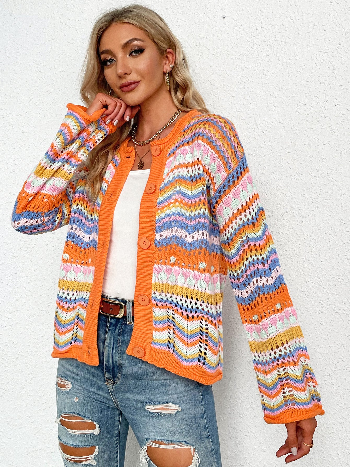 Honeybee Mumford's Chevron Stripes Openwork Cardigan