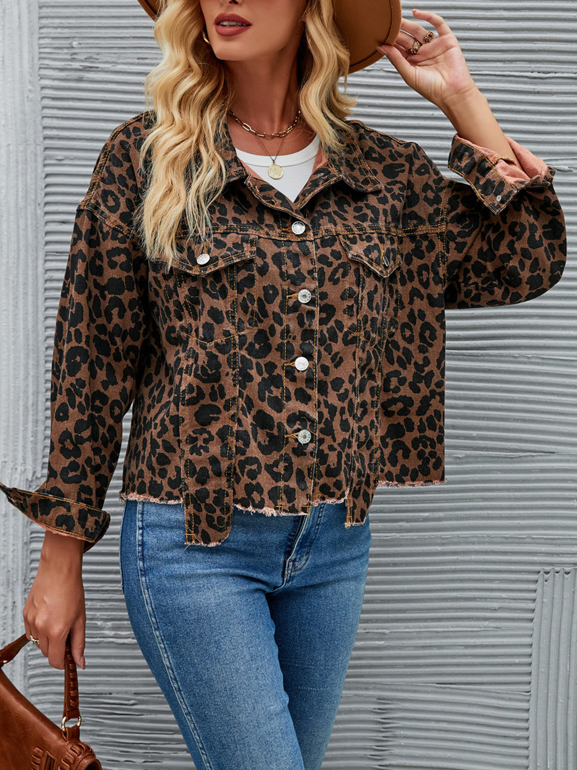 Honeybee Mumford's Leopard Button Up Dropped Shoulder Denim Jacket