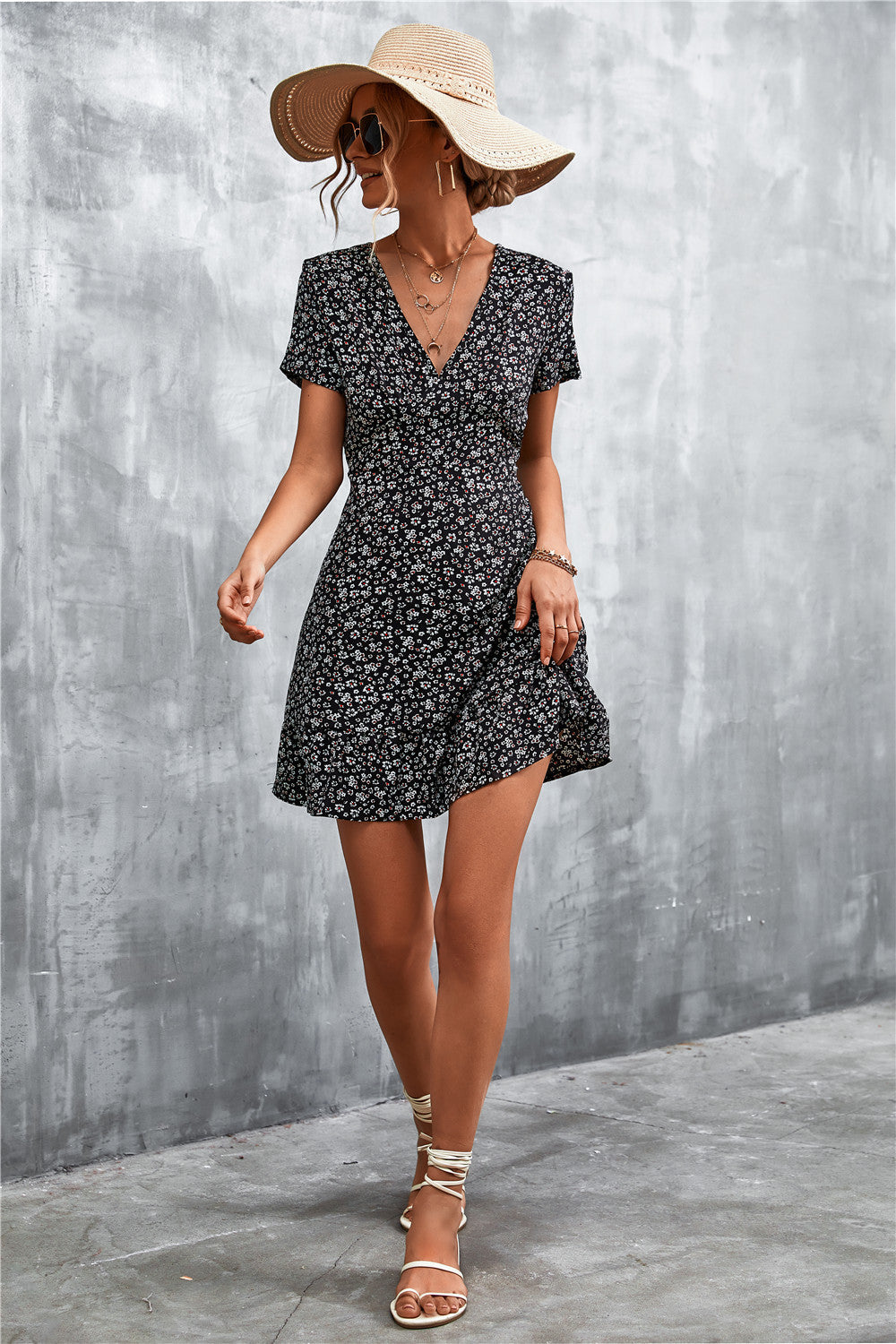 Honeybee Mumford's Ditsy Floral V-Neck Short Sleeve Dress