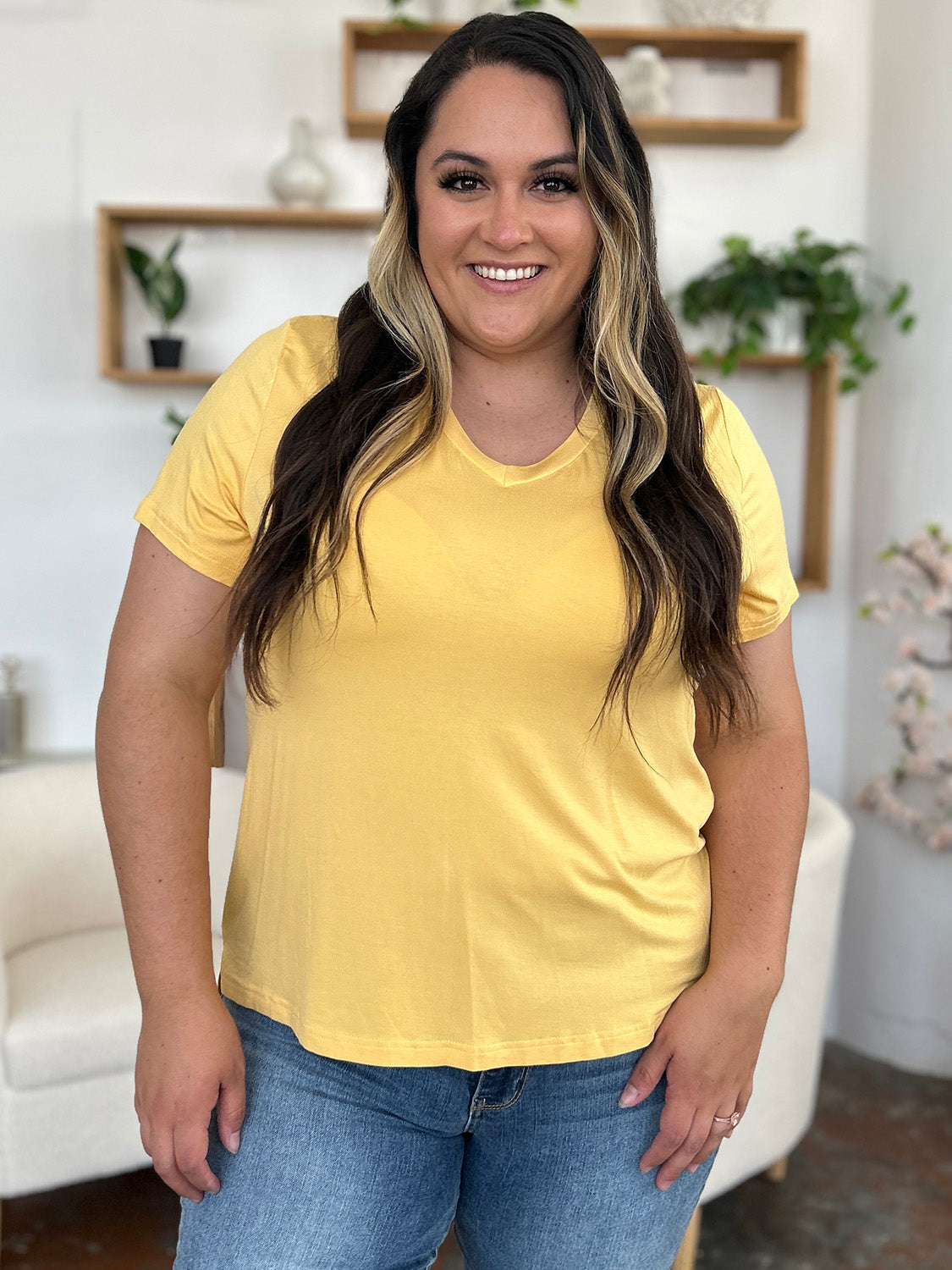 Honeybee Mumford's V-Neck High-Low T-Shirt (Yellow, Coral pink,Black and more)