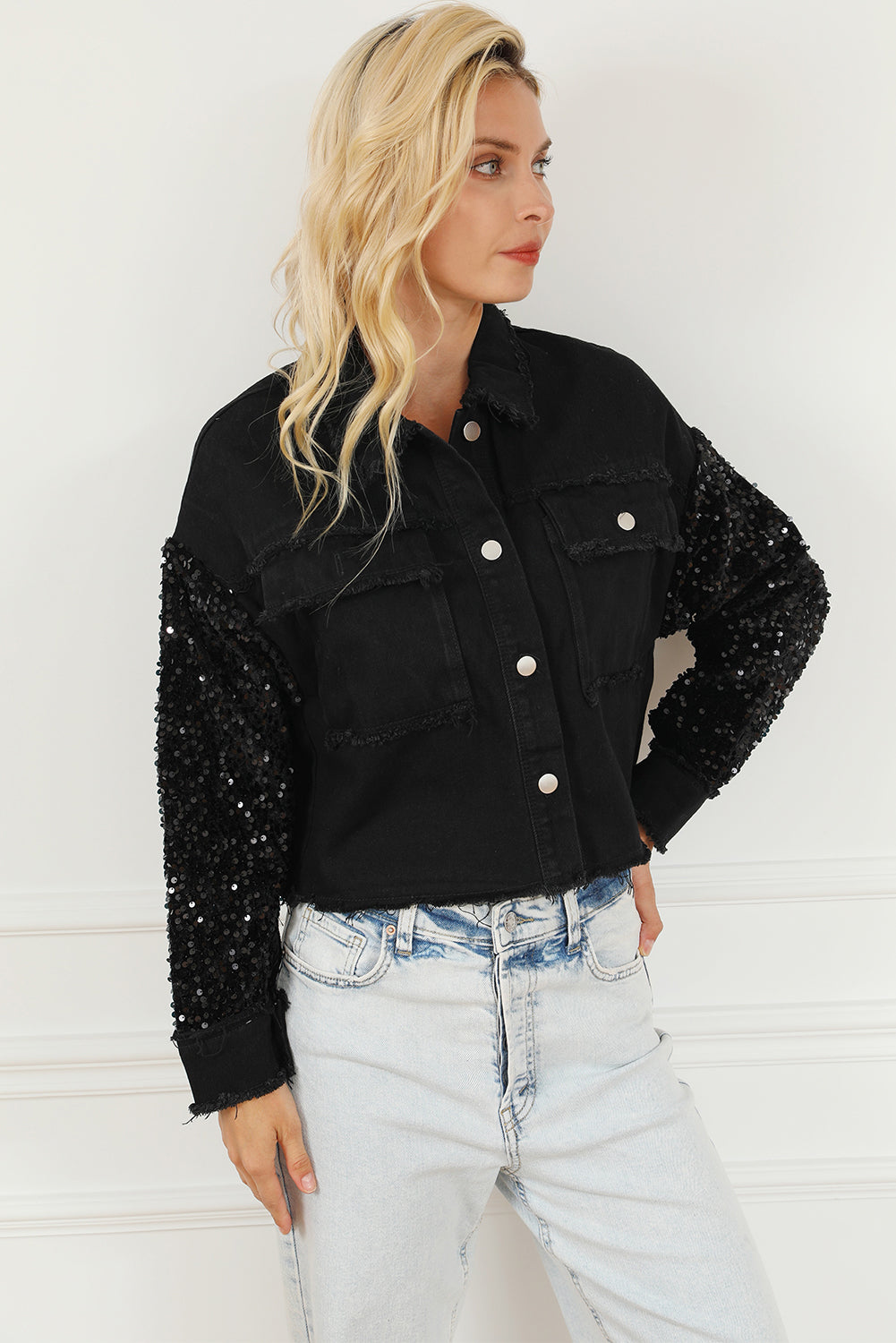 Honeybee Mumford's Sequin Button Up Raw Hem Denim Jacket